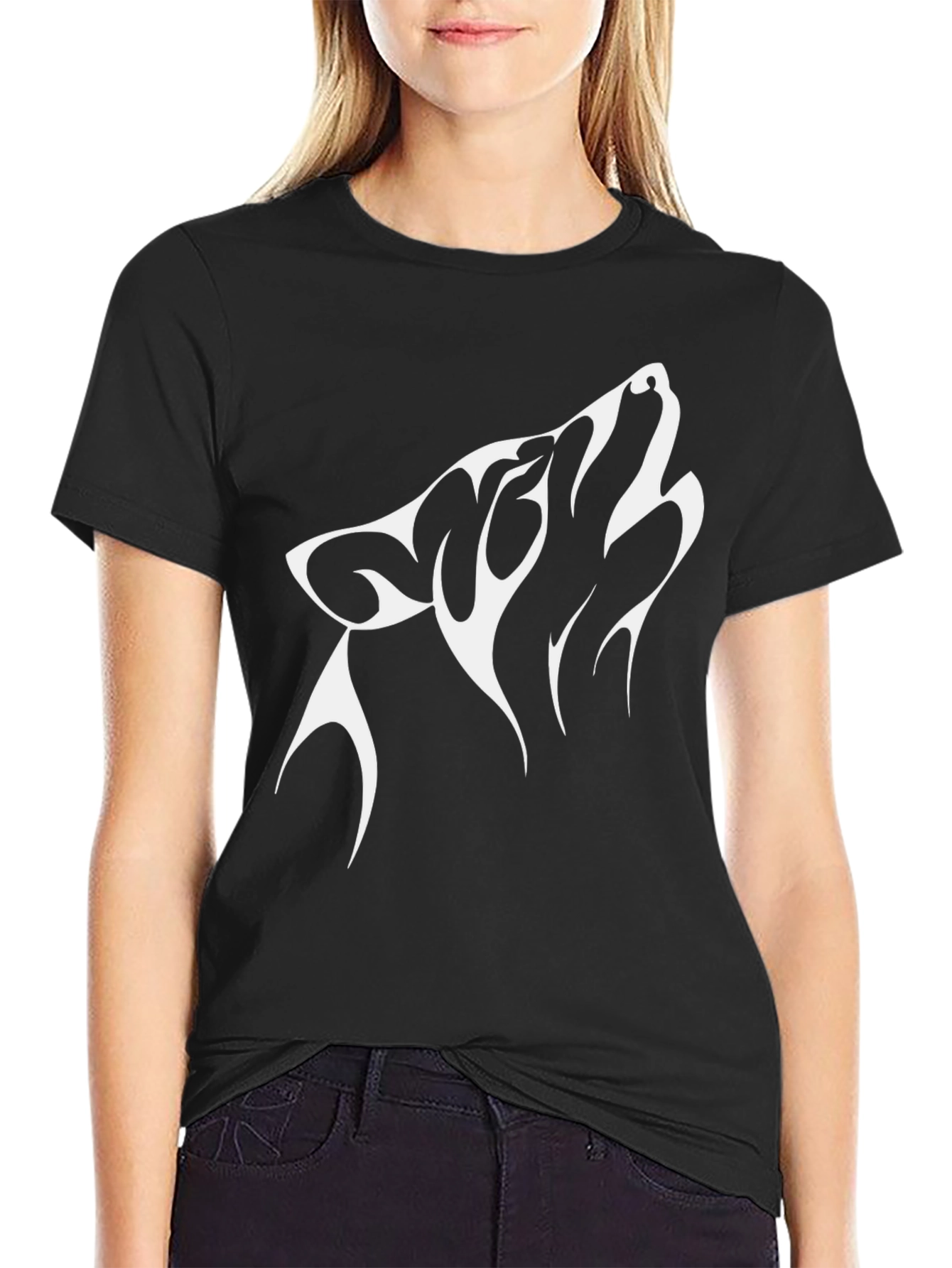 Black T-Shirt with Wolf Design