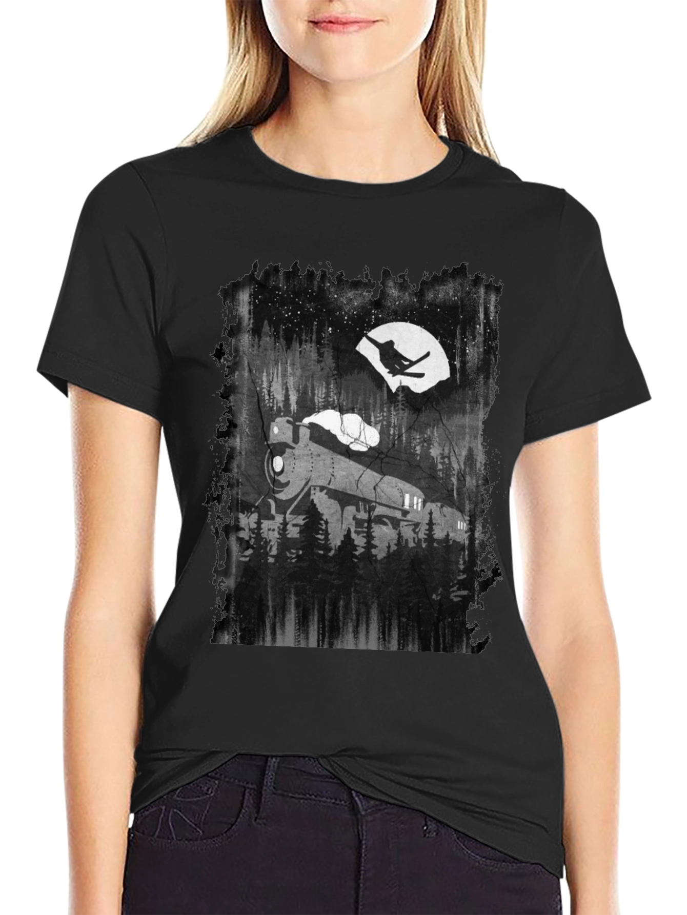 Train in Moonlight Graphic Tee - Black Cotton T-Shirt