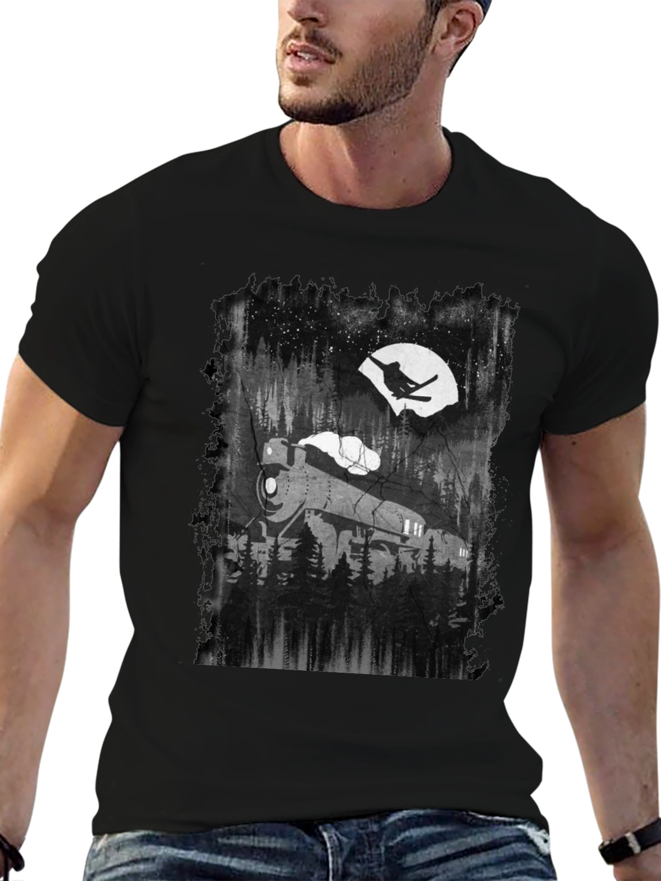 Train in Moonlight Graphic Tee - Black Cotton T-Shirt