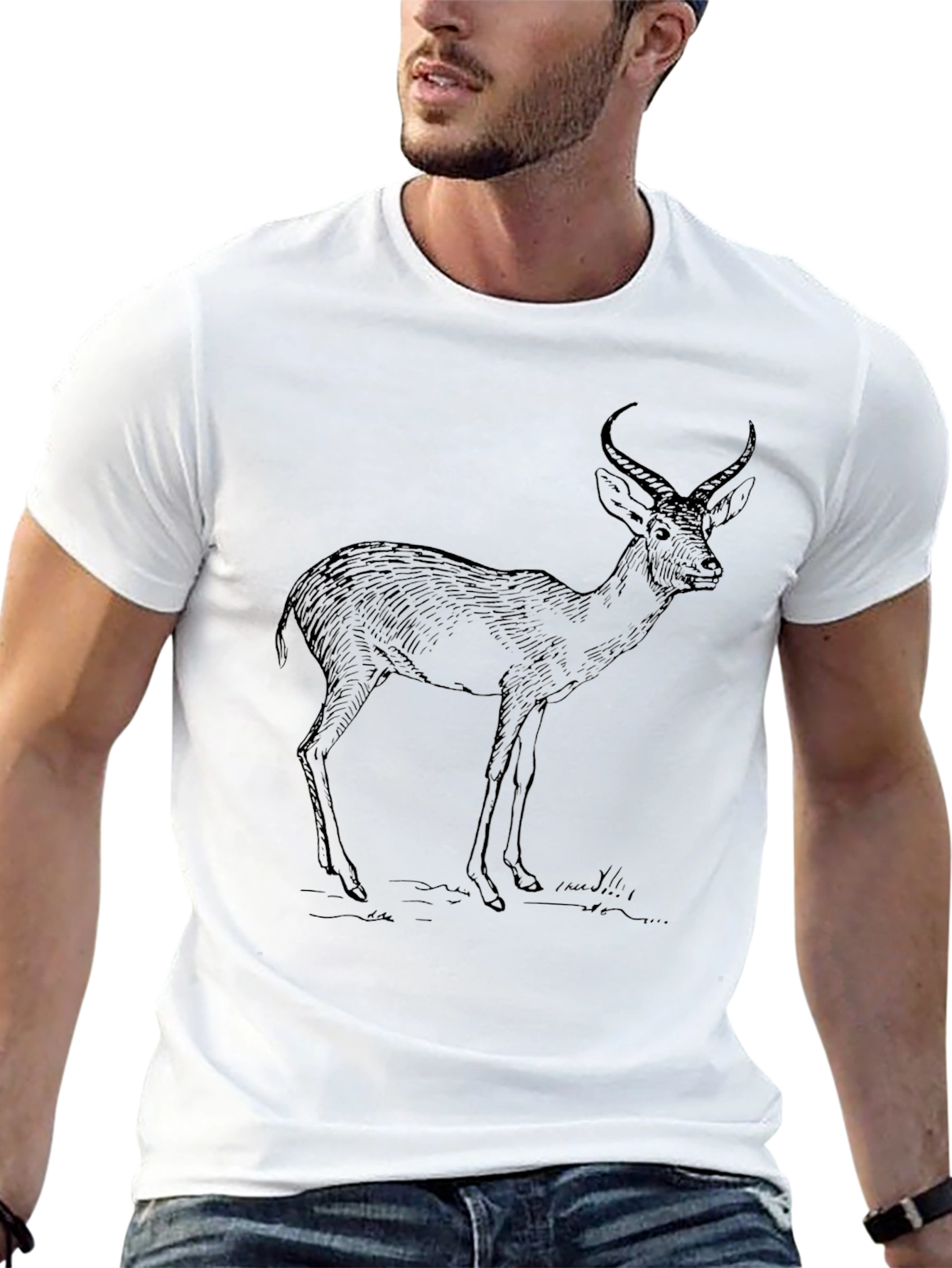 Black Graphic Tee - Deer Print Casual Wear