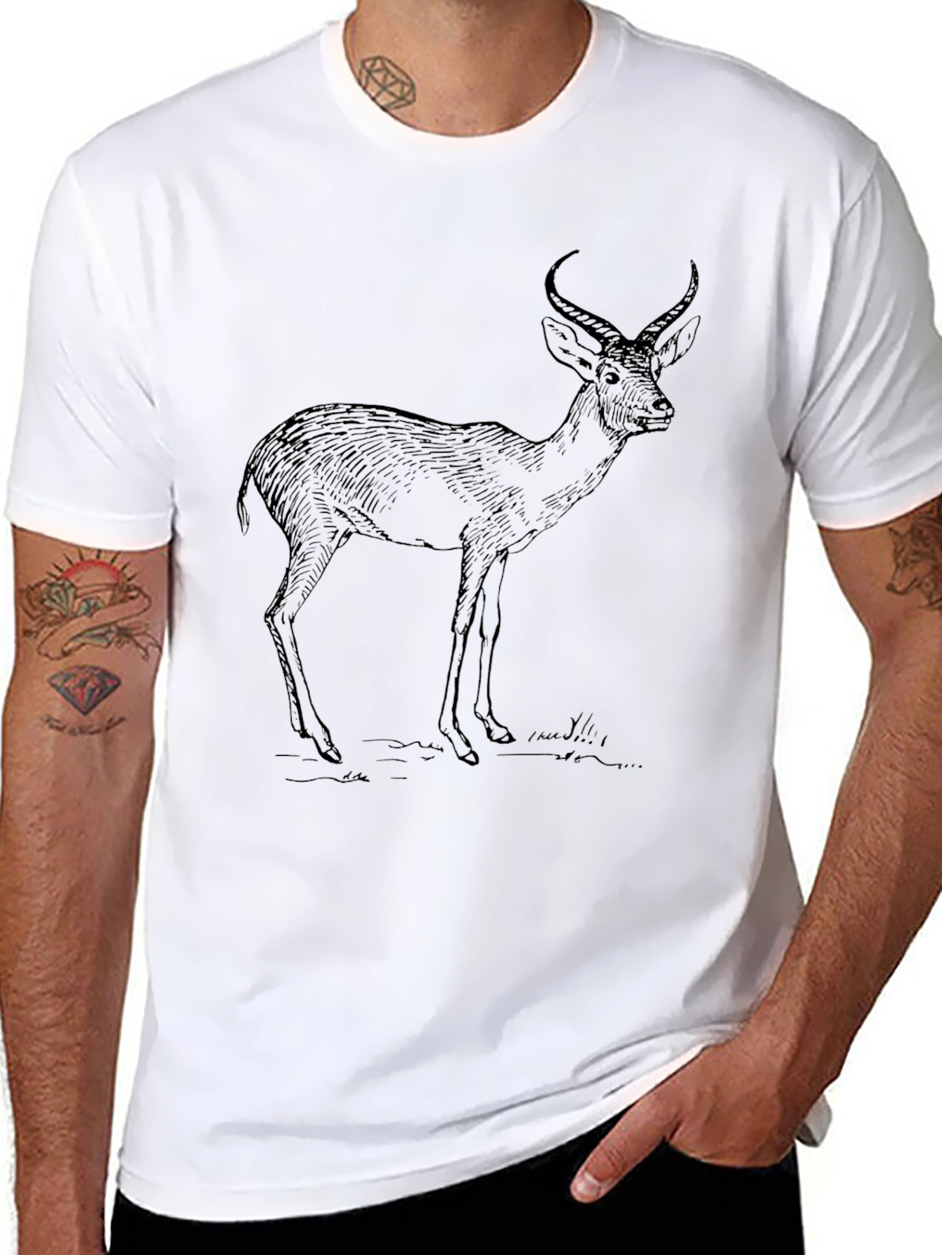 Black Graphic Tee - Deer Print Casual Wear