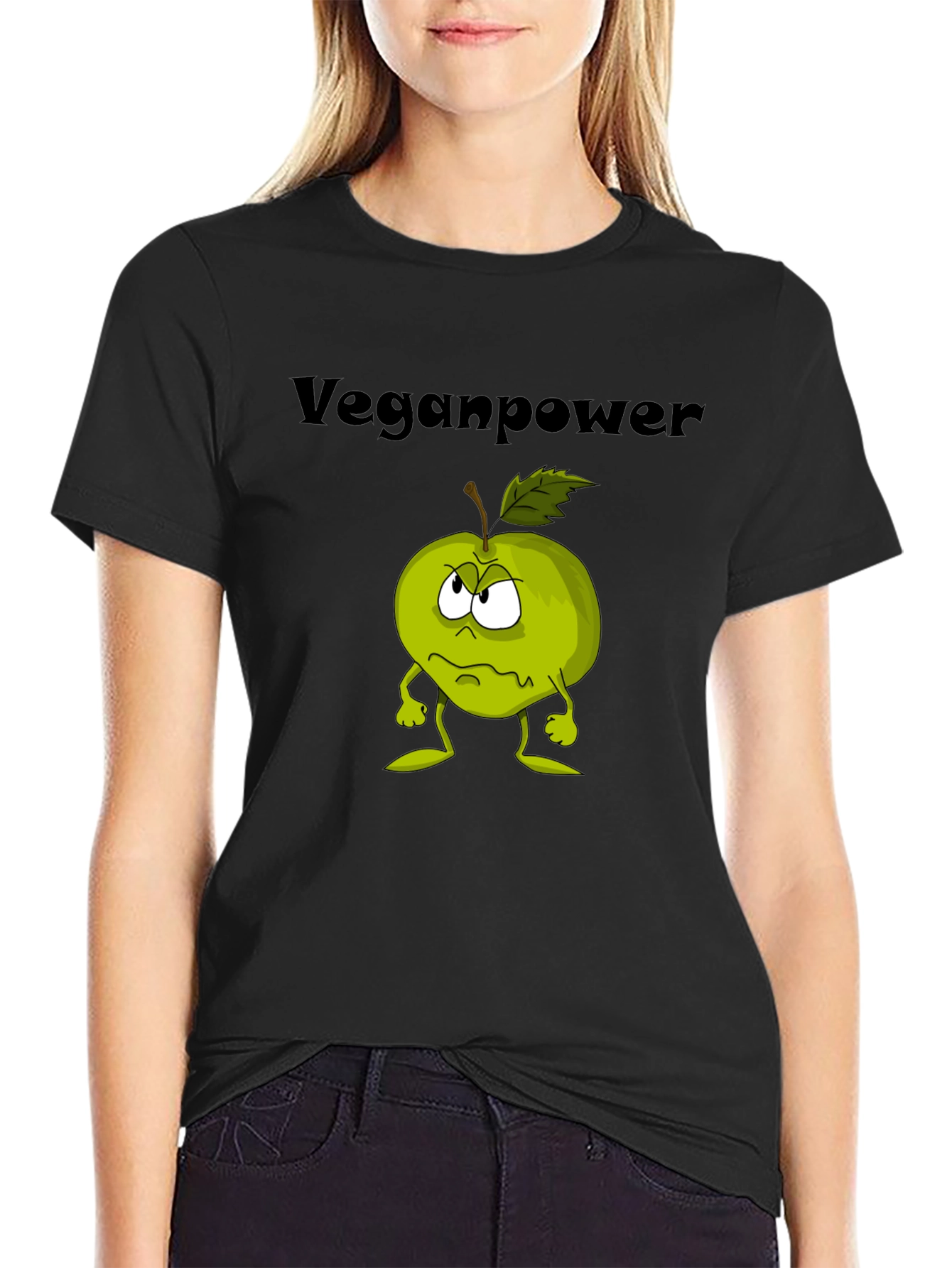 Veganpower Cartoon Apple Graphic T-Shirt