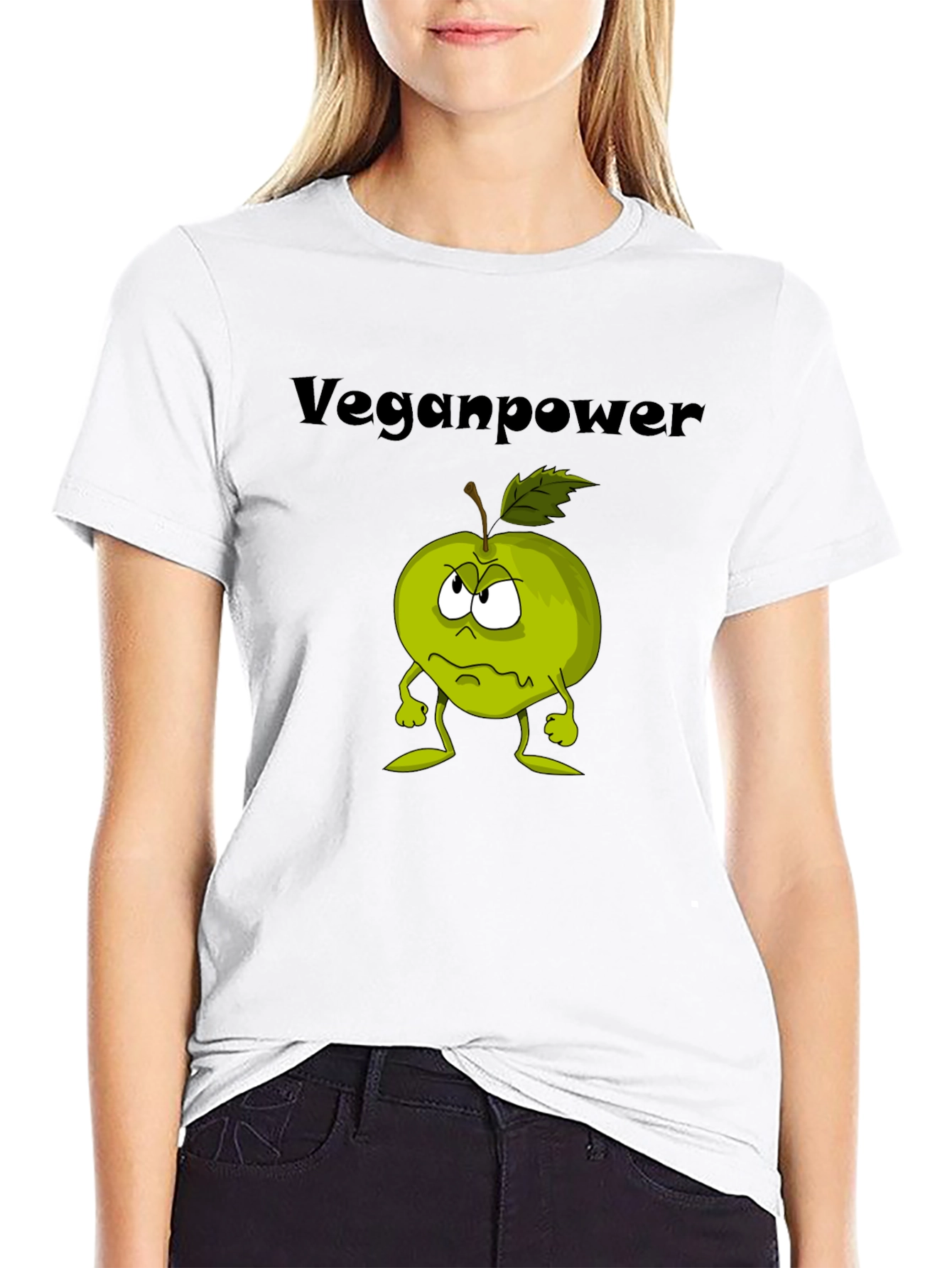 Veganpower Cartoon Apple Graphic T-Shirt
