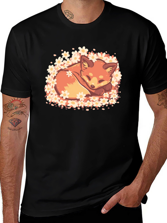 Cute Sleeping Fox Floral Tee - Soft Black Cotton T-Shirt