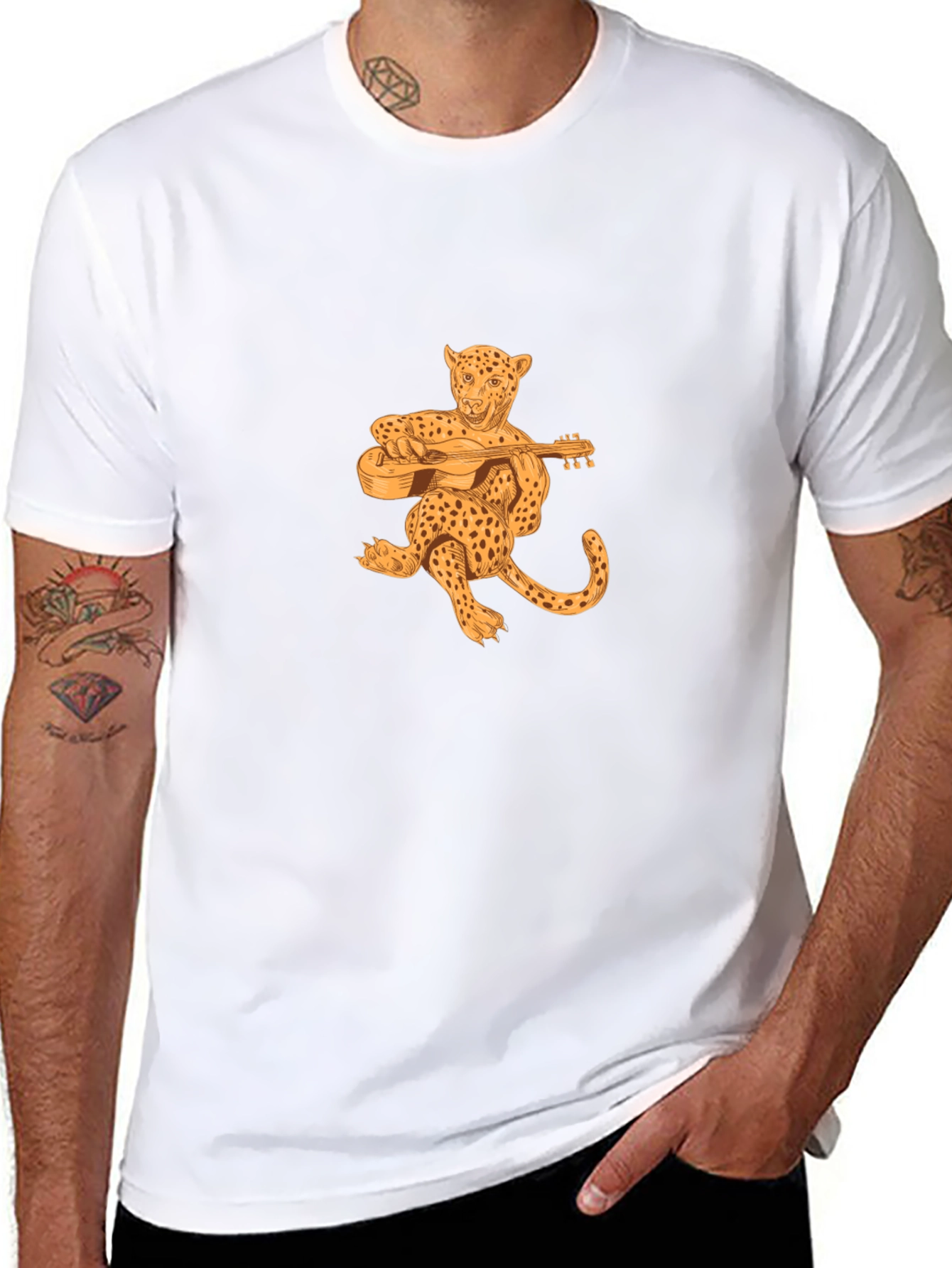 Leopard Playing Guitar Black T-Shirt