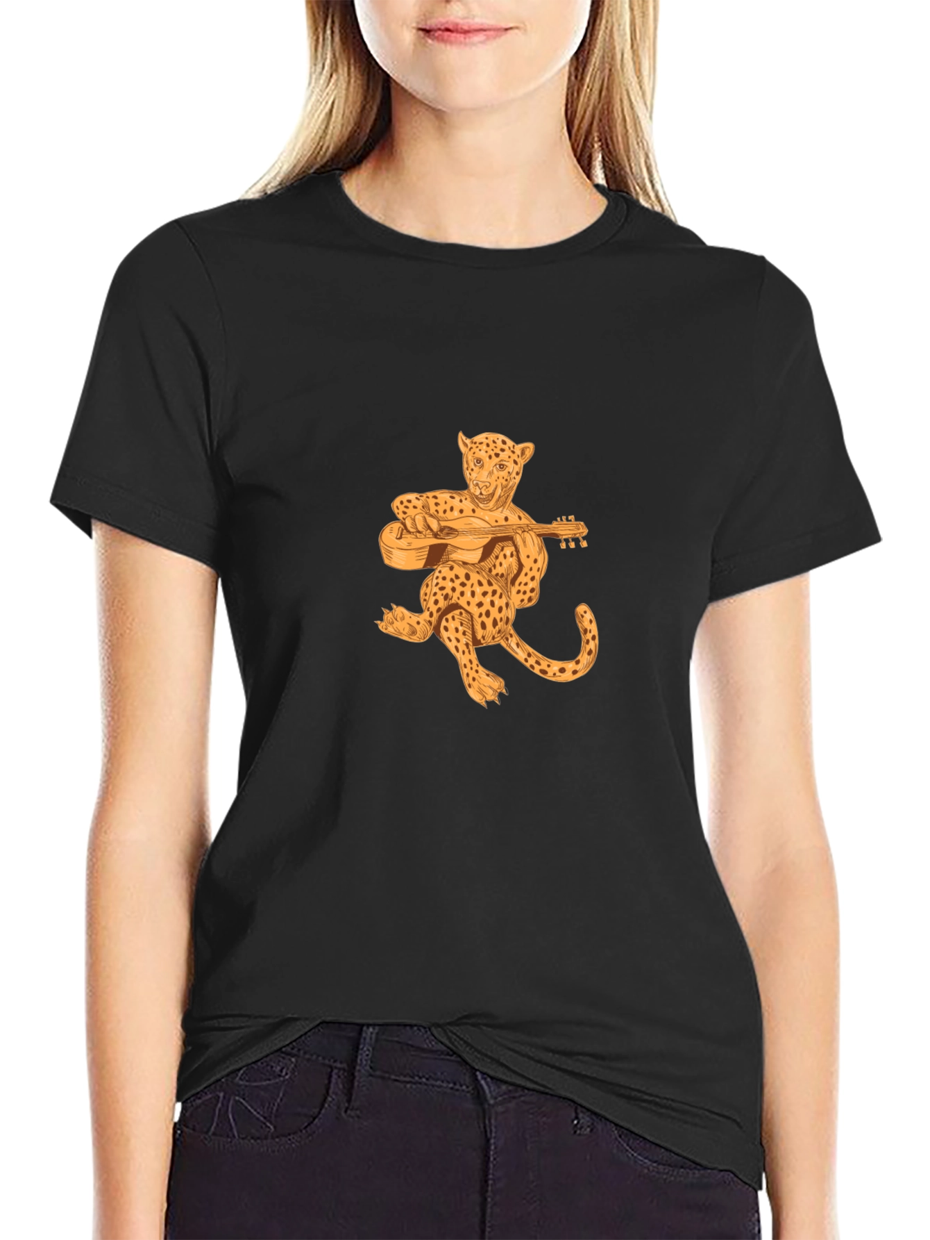 Leopard Playing Guitar Black T-Shirt