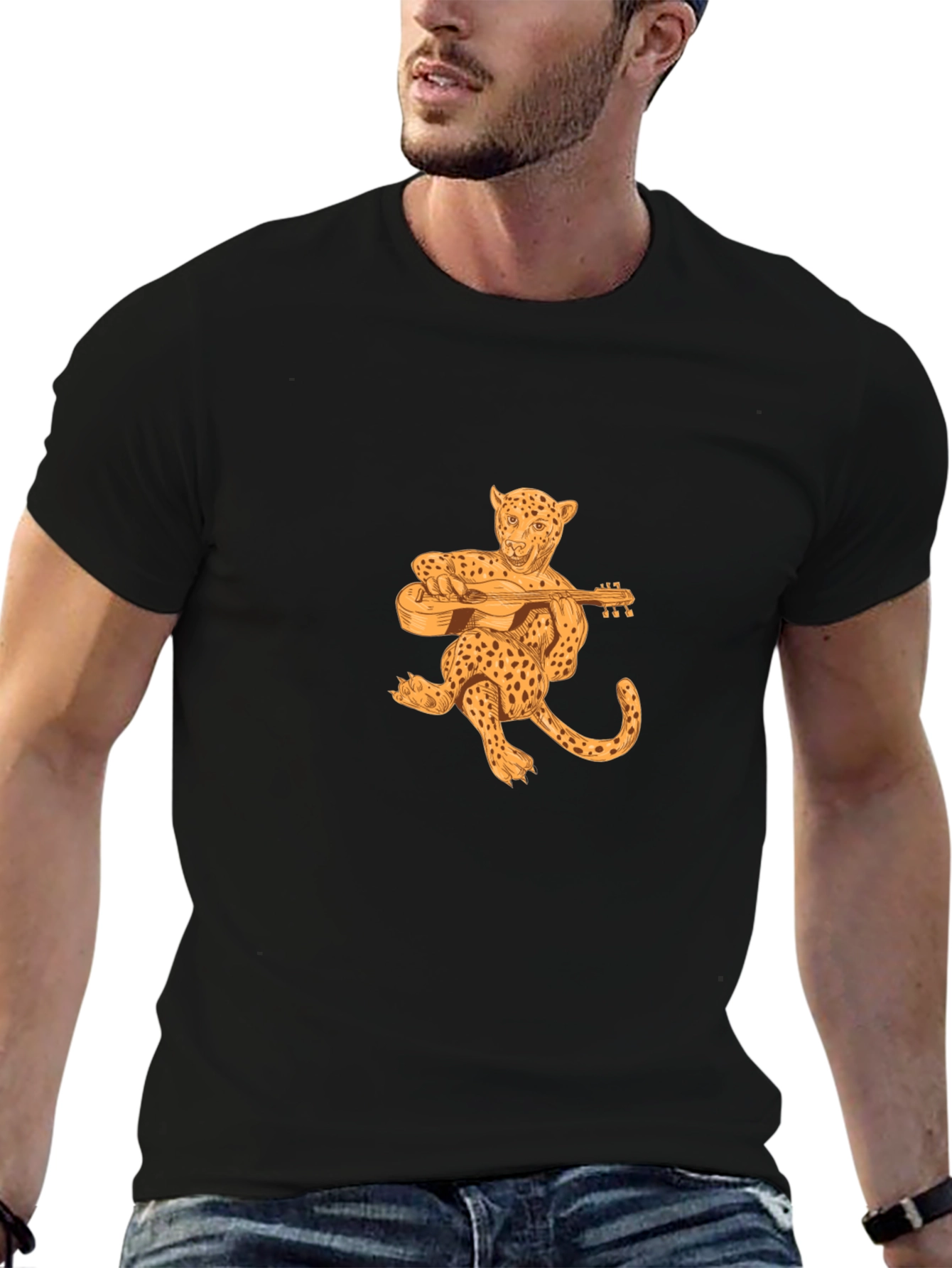 Leopard Playing Guitar Black T-Shirt