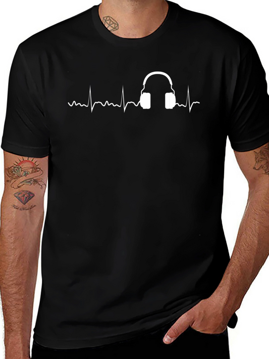 Black T-Shirt with Headphone Heartbeat Design