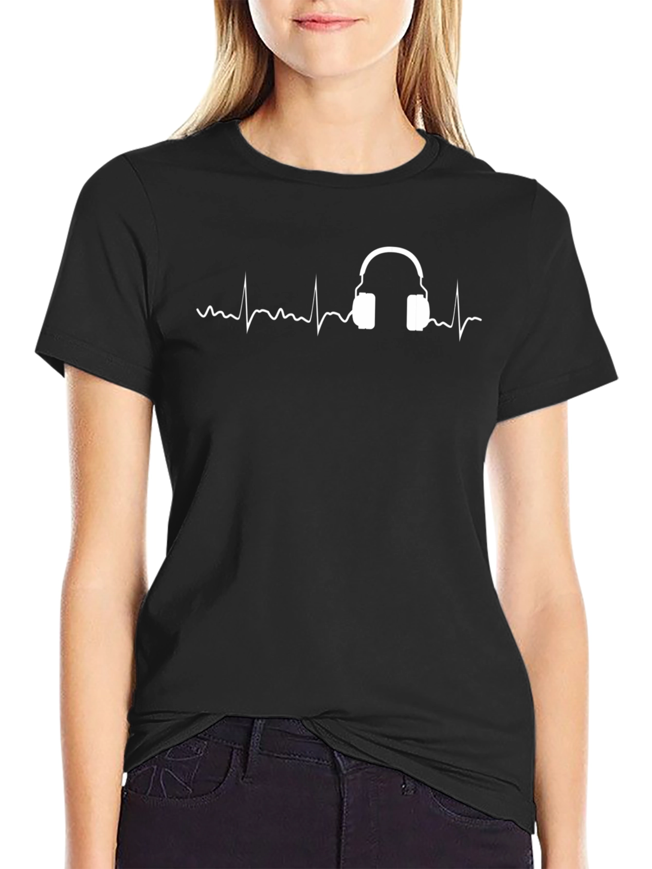Black T-Shirt with Headphone Heartbeat Design