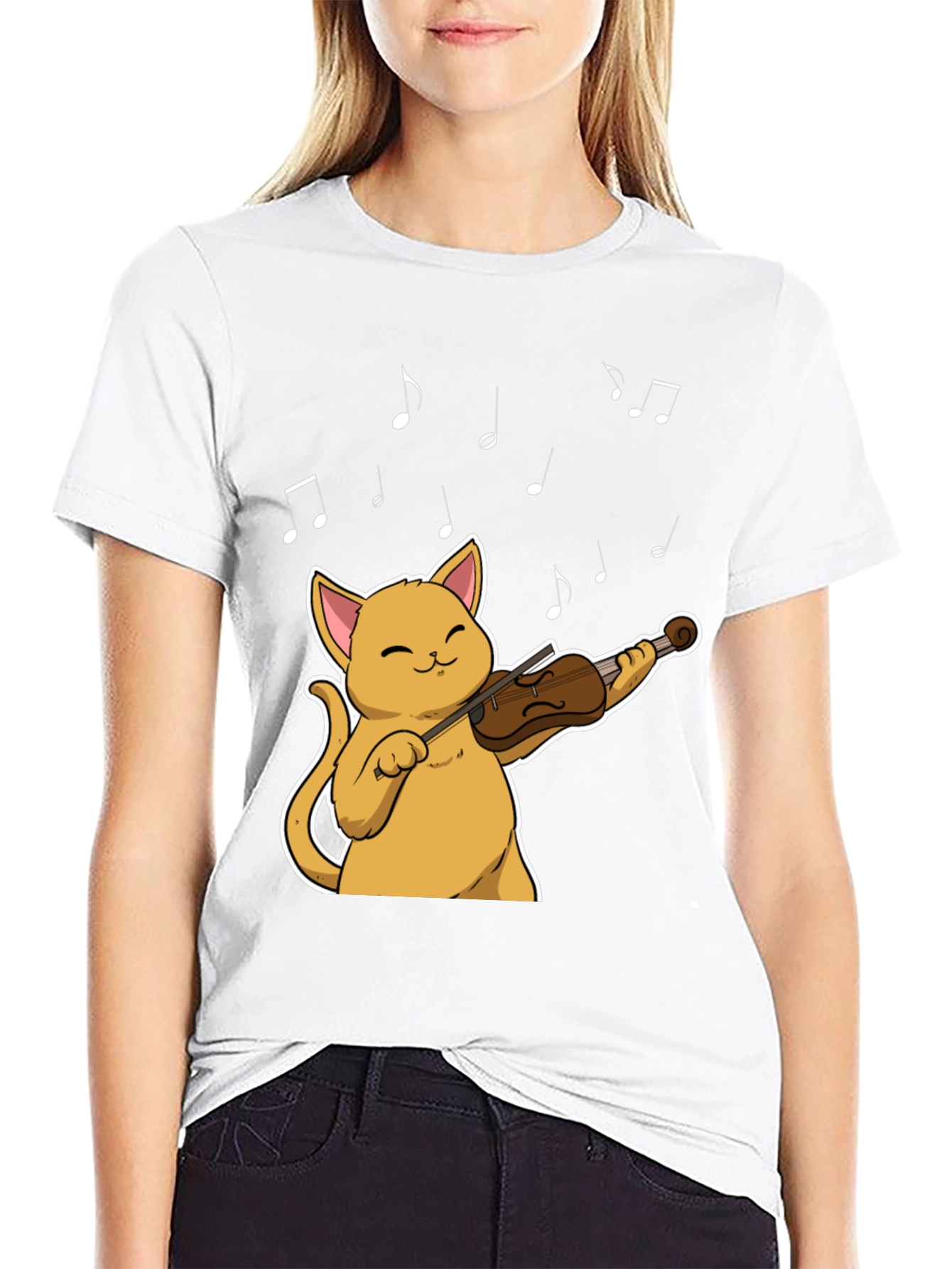 Cat Violinist Black T-Shirt - Musical Feline Tee
