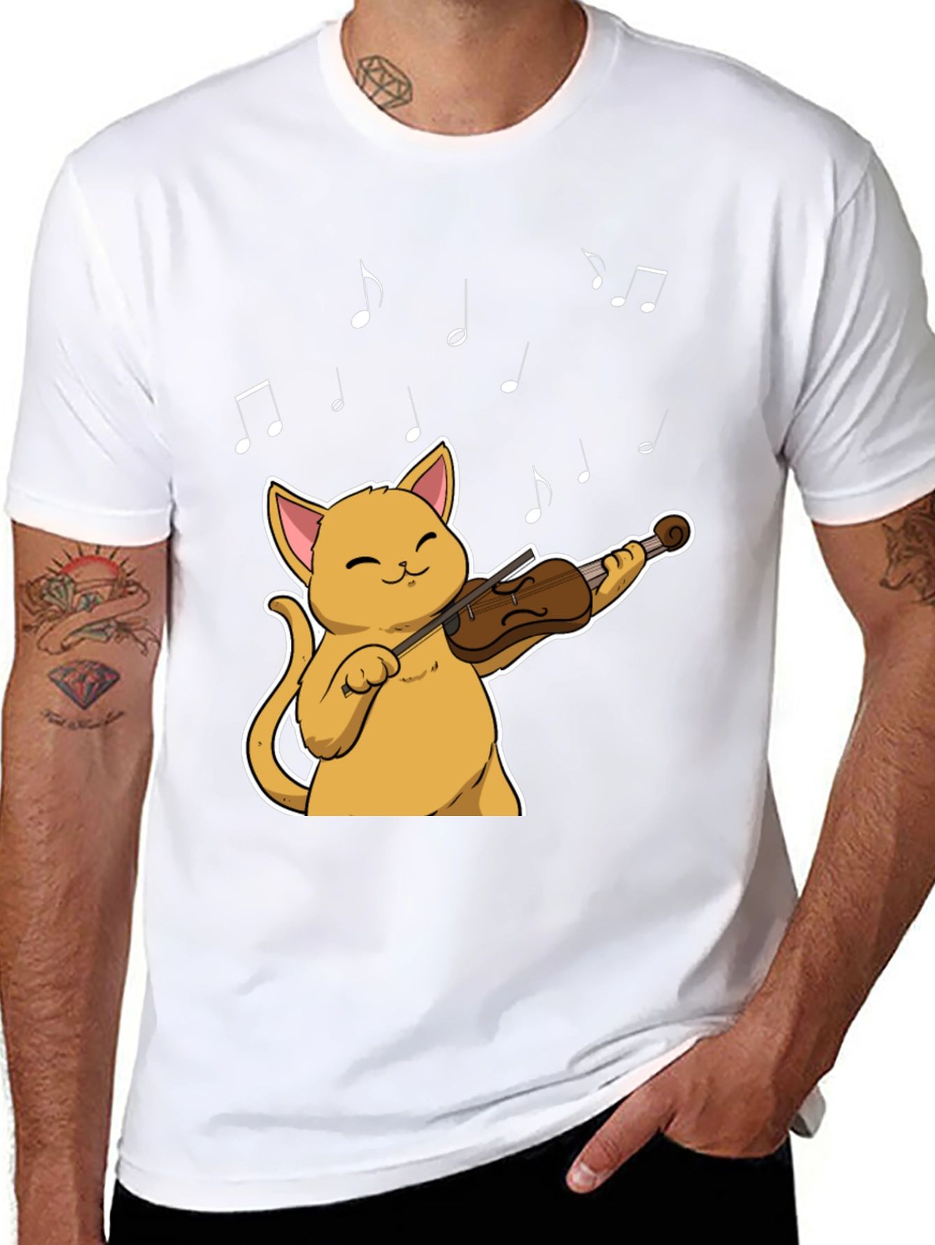 Cat Violinist Black T-Shirt - Musical Feline Tee