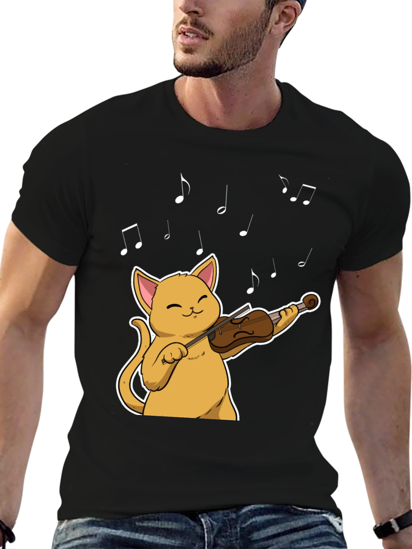 Cat Violinist Black T-Shirt - Musical Feline Tee
