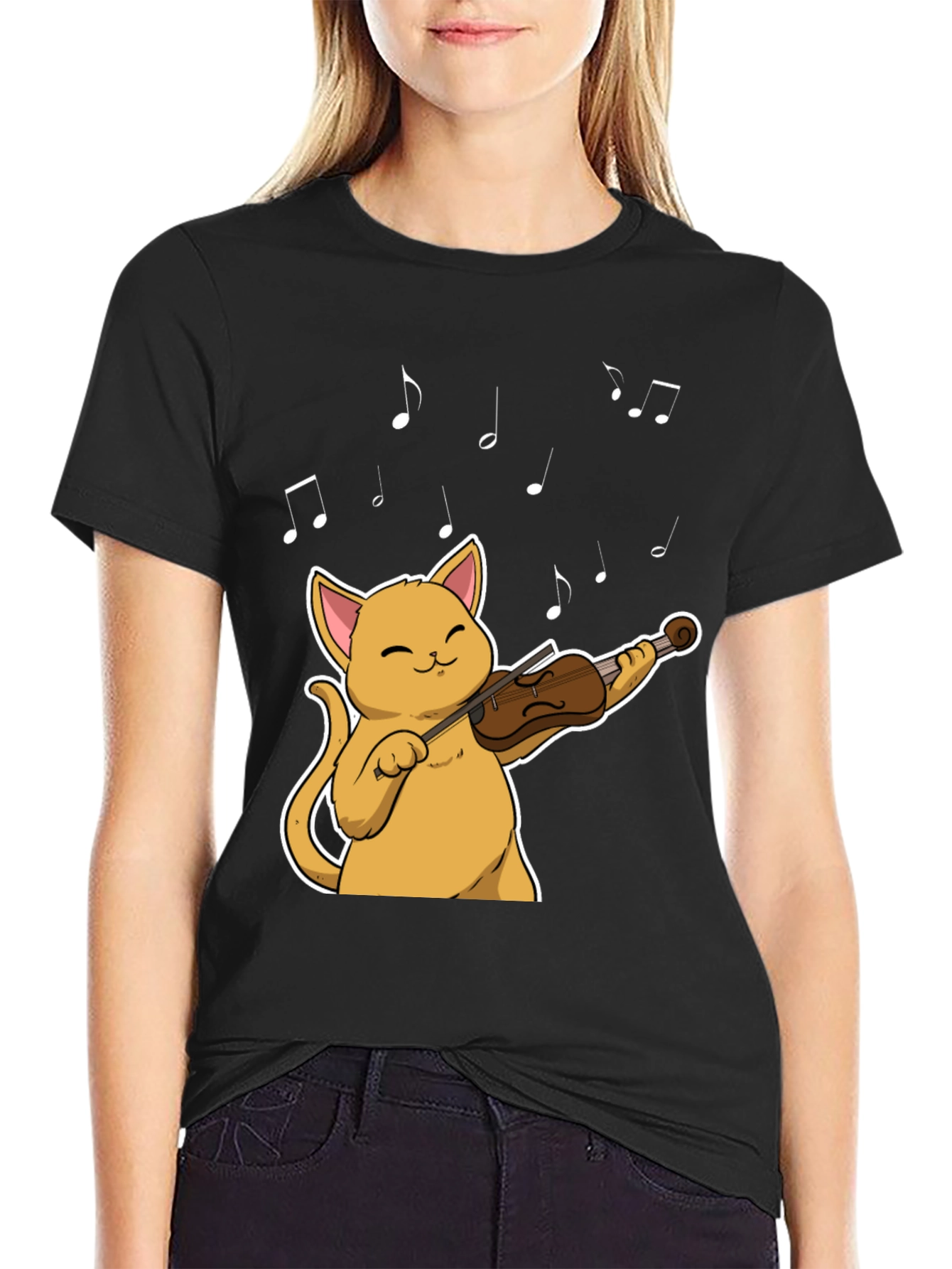 Cat Violinist Black T-Shirt - Musical Feline Tee