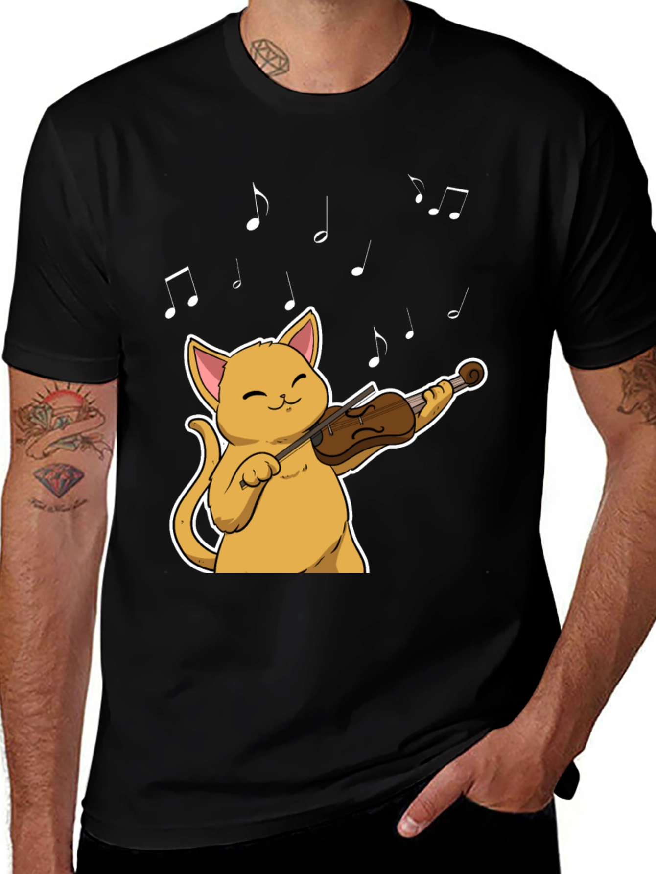 Cat Violinist Black T-Shirt - Musical Feline Tee