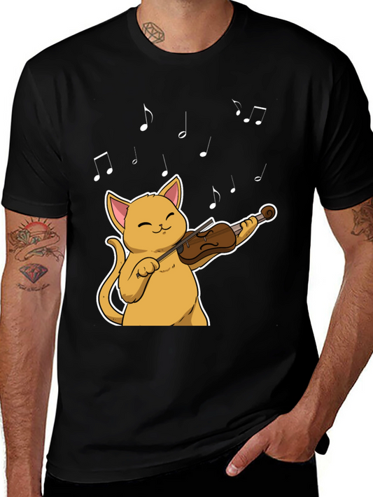 Cat Violinist Black T-Shirt - Musical Feline Tee