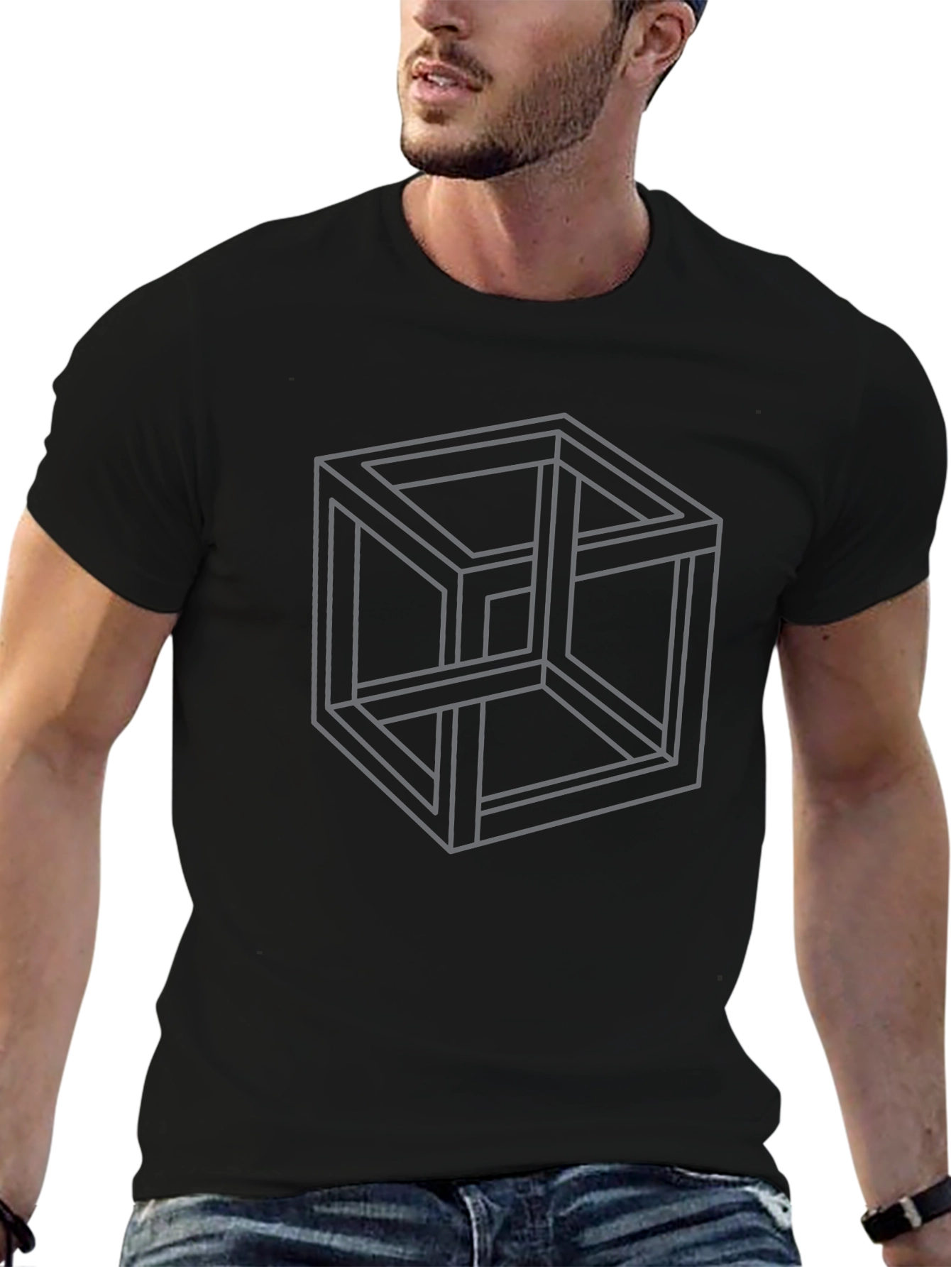 Impossible Cube Black T-Shirt - Geometric Illusion Tee