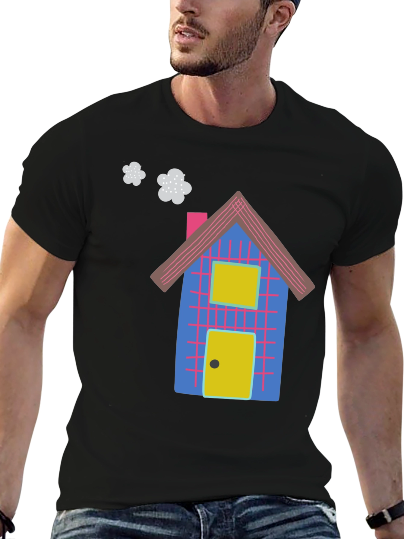 Fun Cartoon House Graphic Black T-Shirt