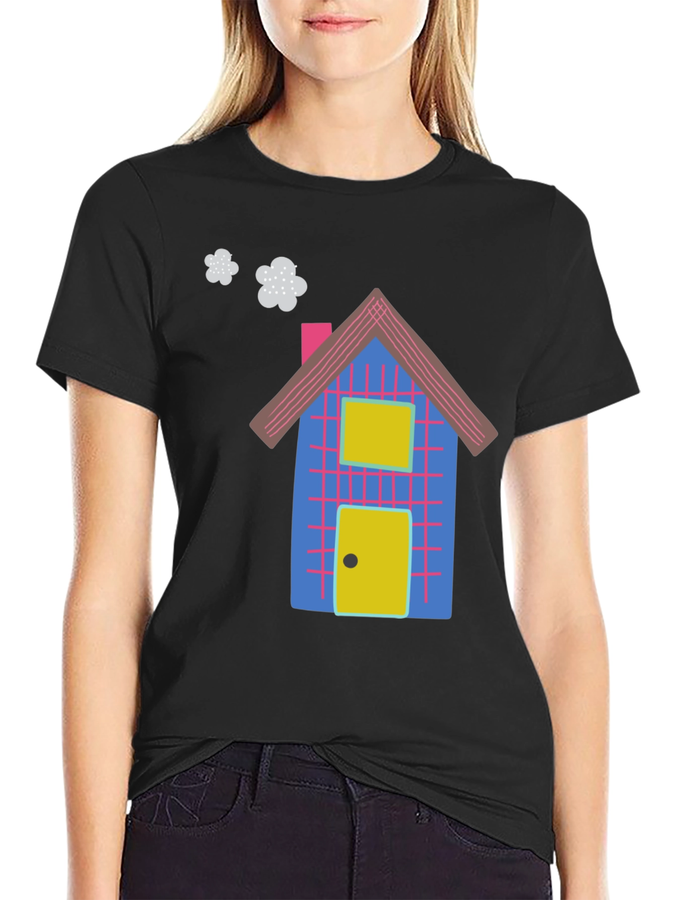 Fun Cartoon House Graphic Black T-Shirt