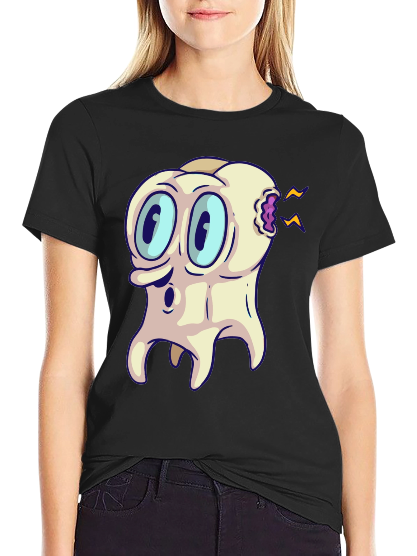 Cartoon Toothache Black T-Shirt