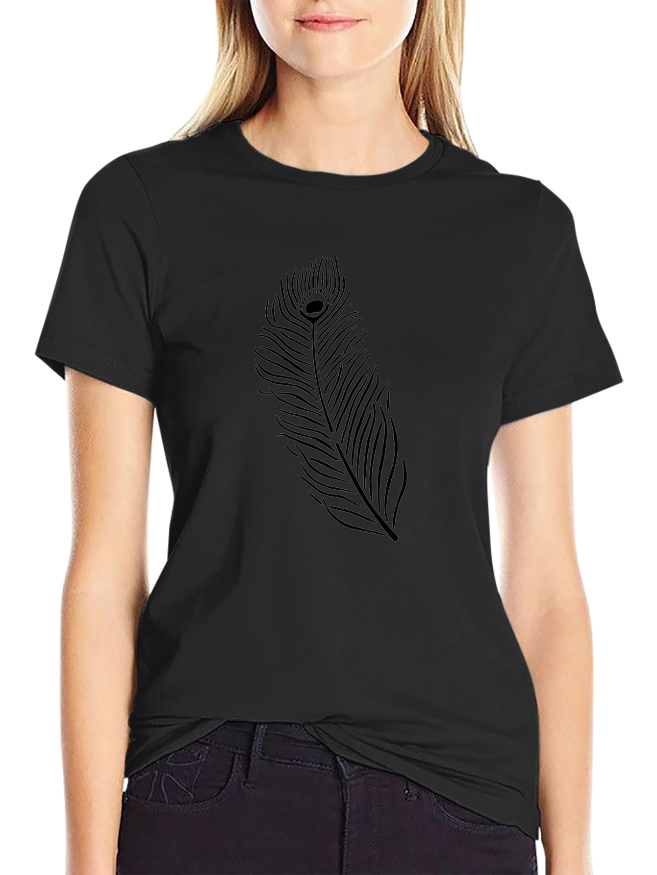 Mens Black Graphic Tee - Peacock Feather Design