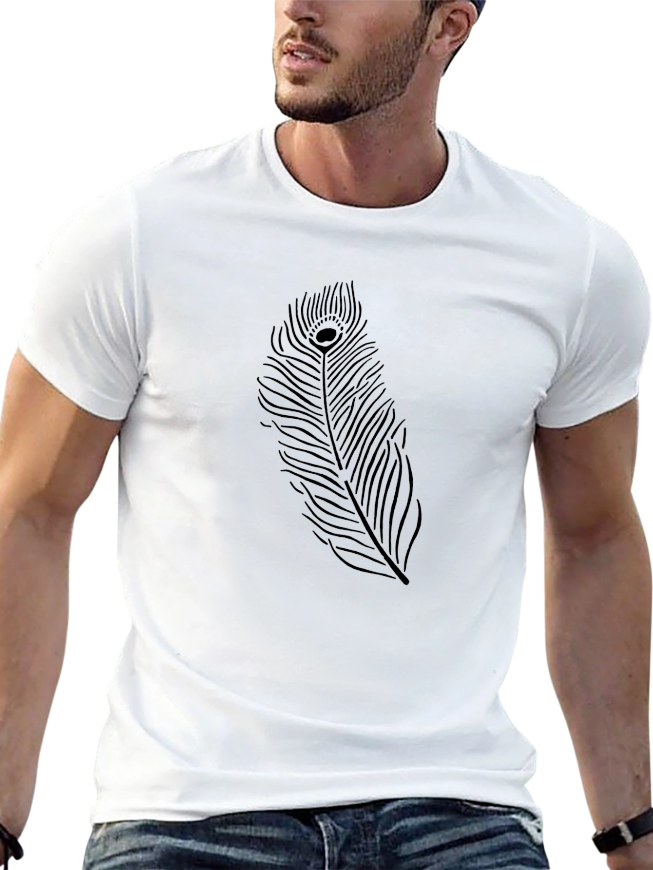 Mens Black Graphic Tee - Peacock Feather Design