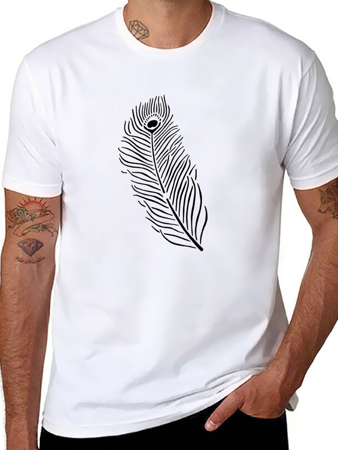Mens Black Graphic Tee - Peacock Feather Design