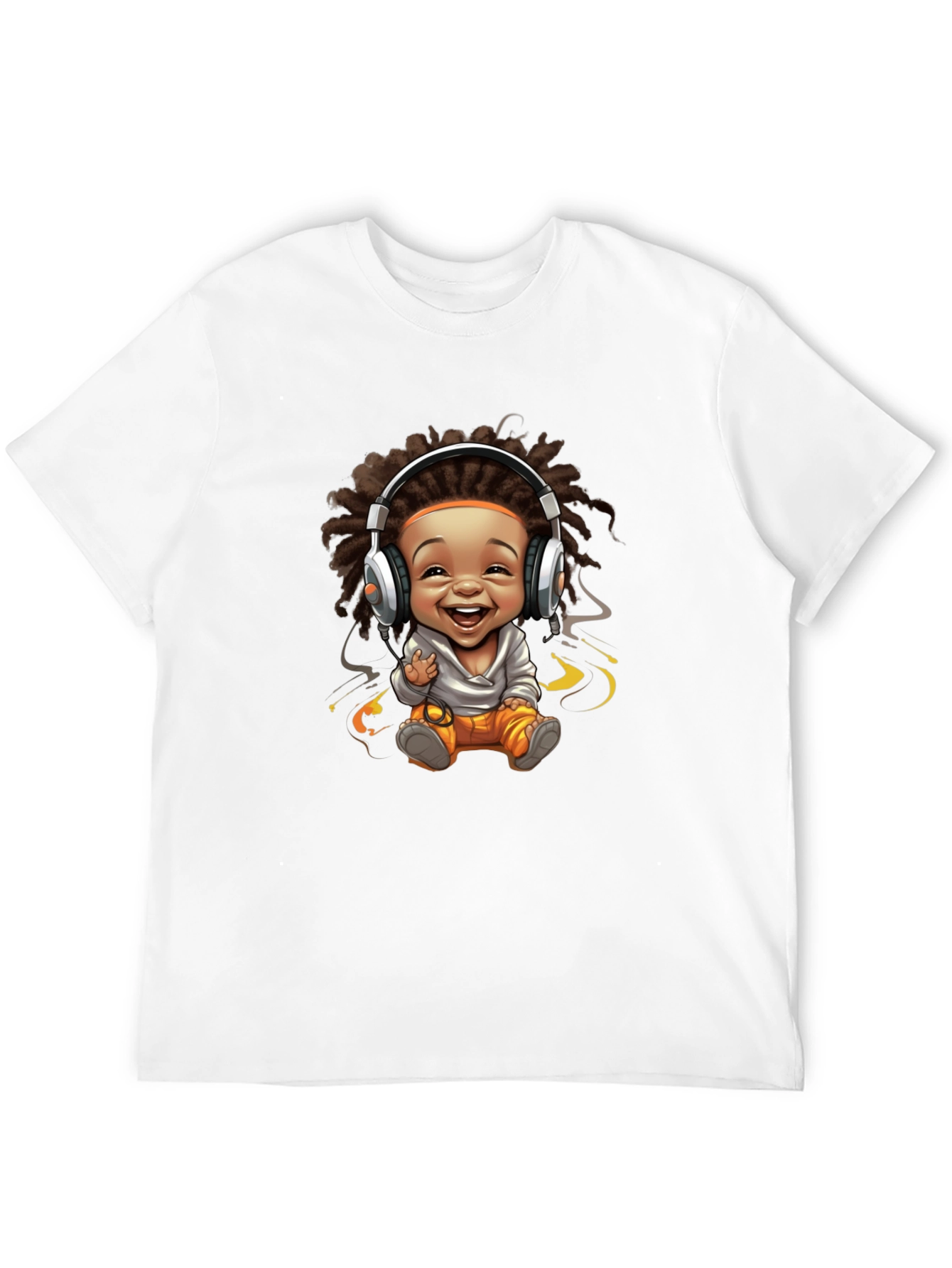 Black Graphic Tee - Cartoon Baby with Headphones Design