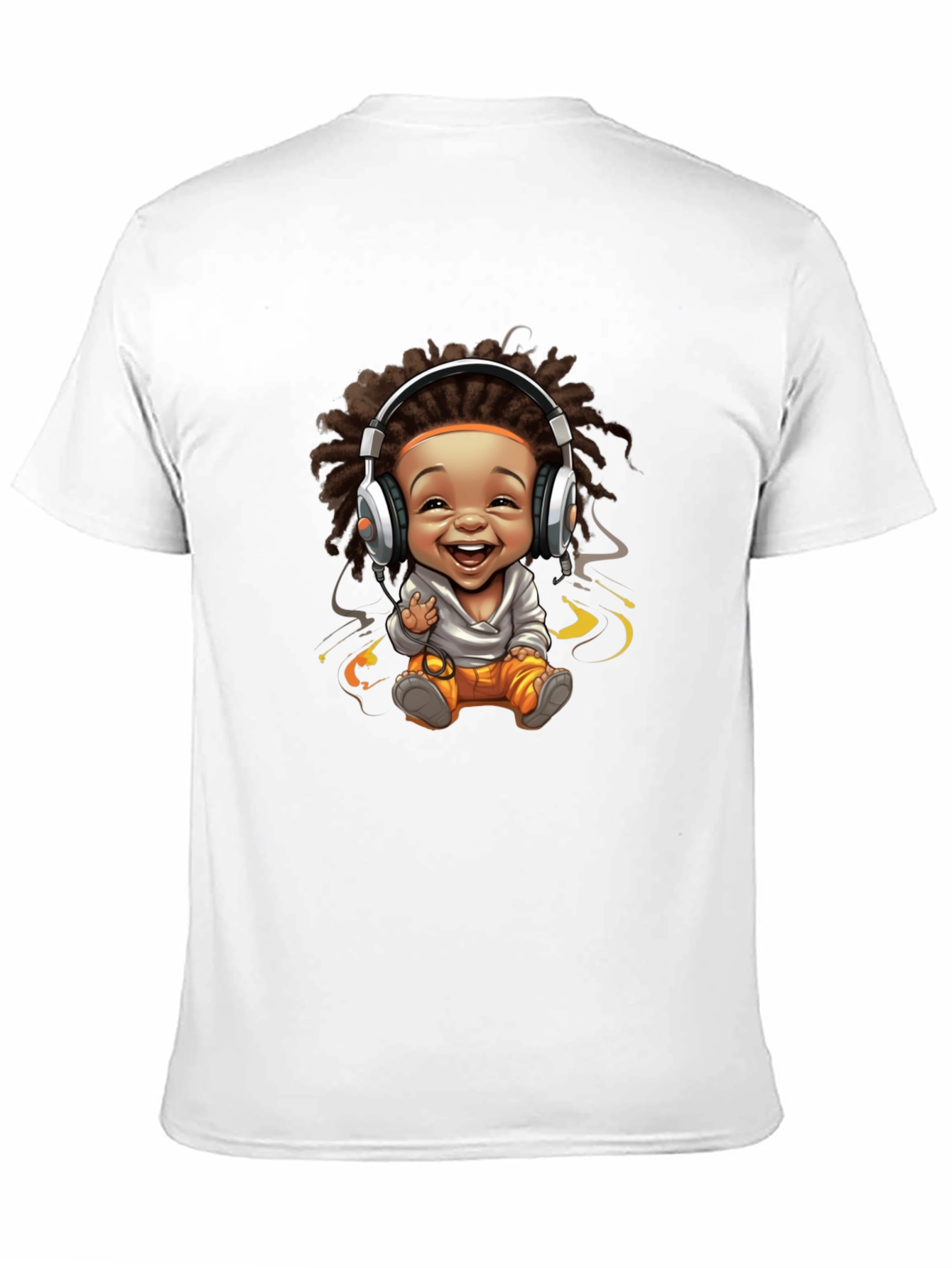 Black Graphic Tee - Cartoon Baby with Headphones Design