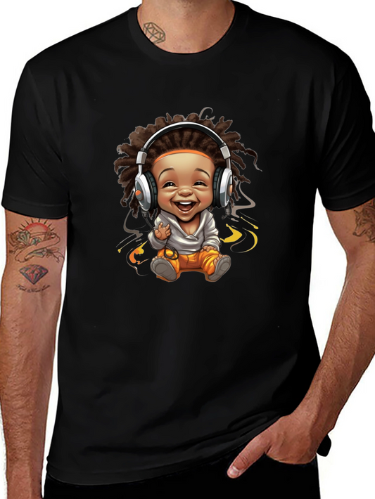 Black Graphic Tee - Cartoon Baby with Headphones Design