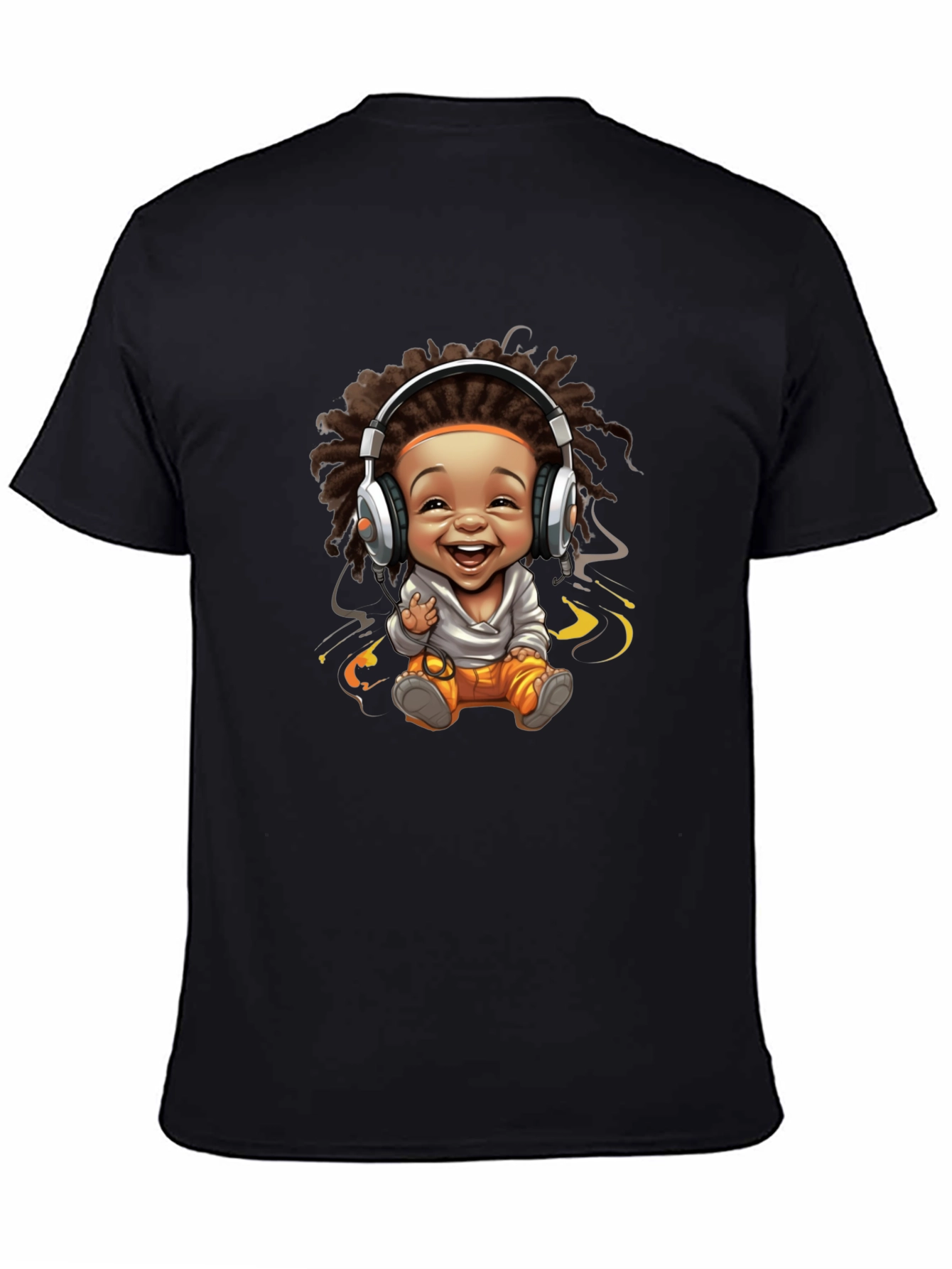 Black Graphic Tee - Cartoon Baby with Headphones Design