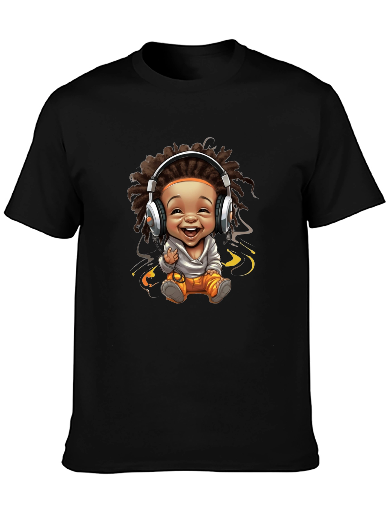 Black Graphic Tee - Cartoon Baby with Headphones Design