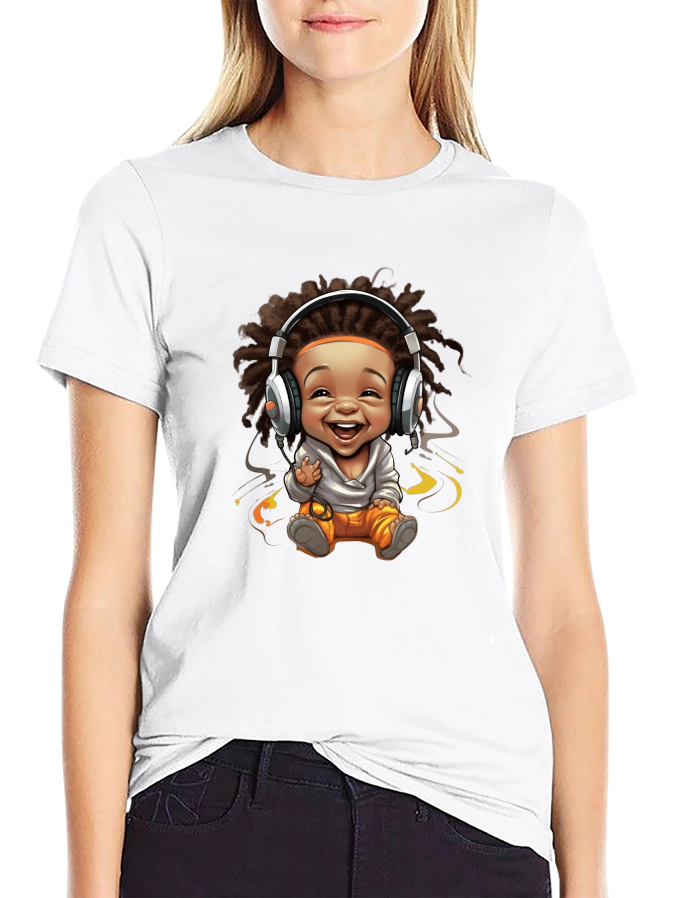 Black Graphic Tee - Cartoon Baby with Headphones Design