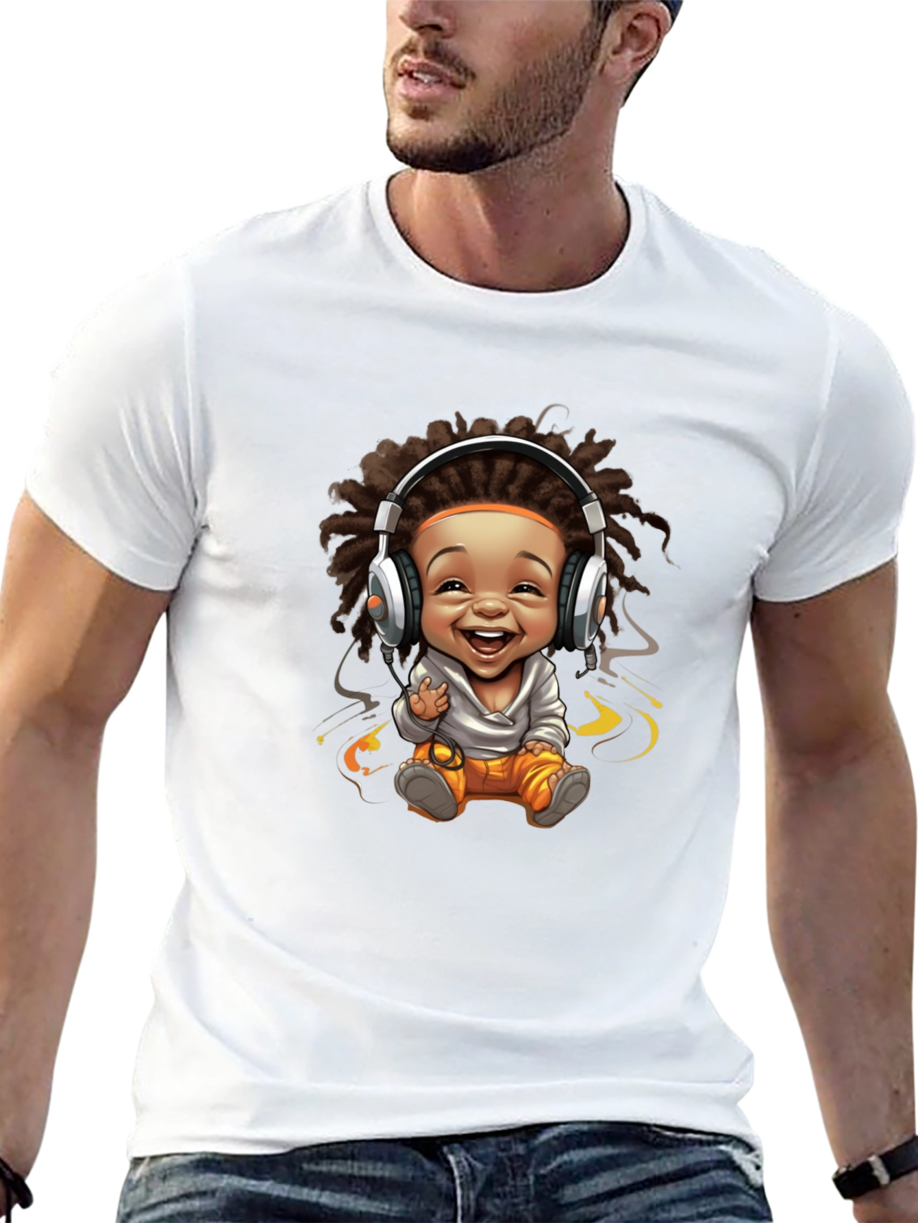 Black Graphic Tee - Cartoon Baby with Headphones Design