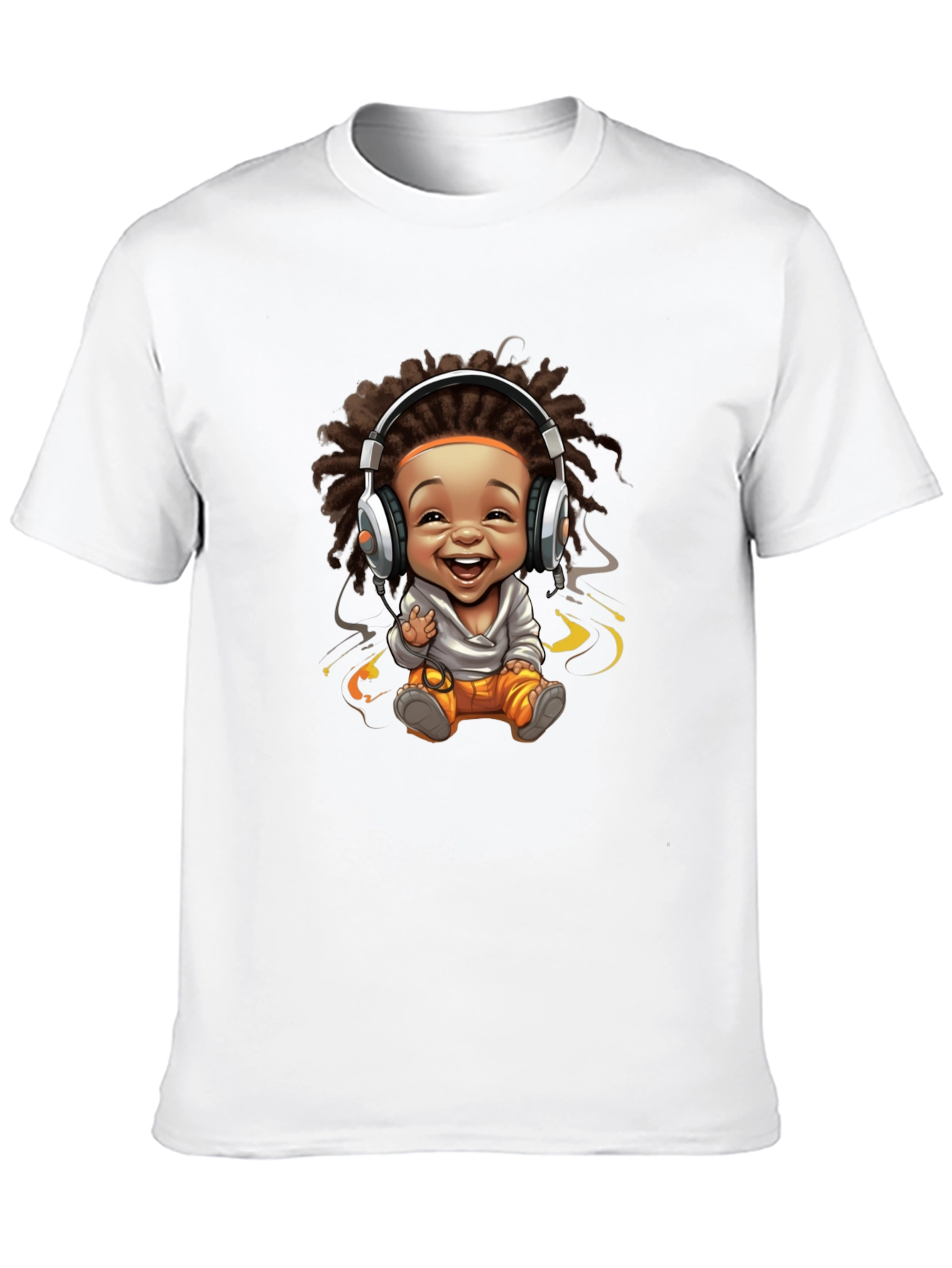 Black Graphic Tee - Cartoon Baby with Headphones Design