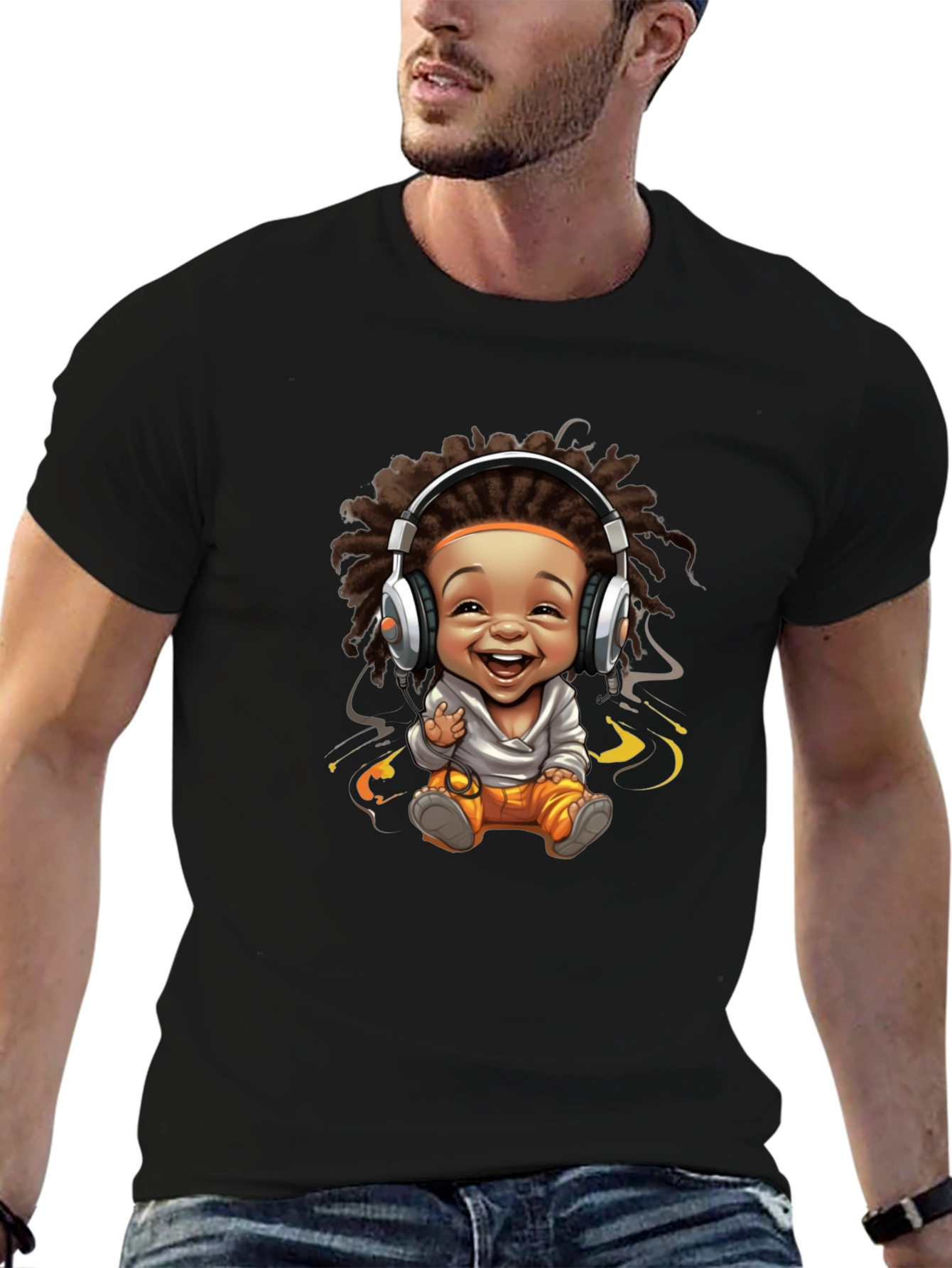 Black Graphic Tee - Cartoon Baby with Headphones Design
