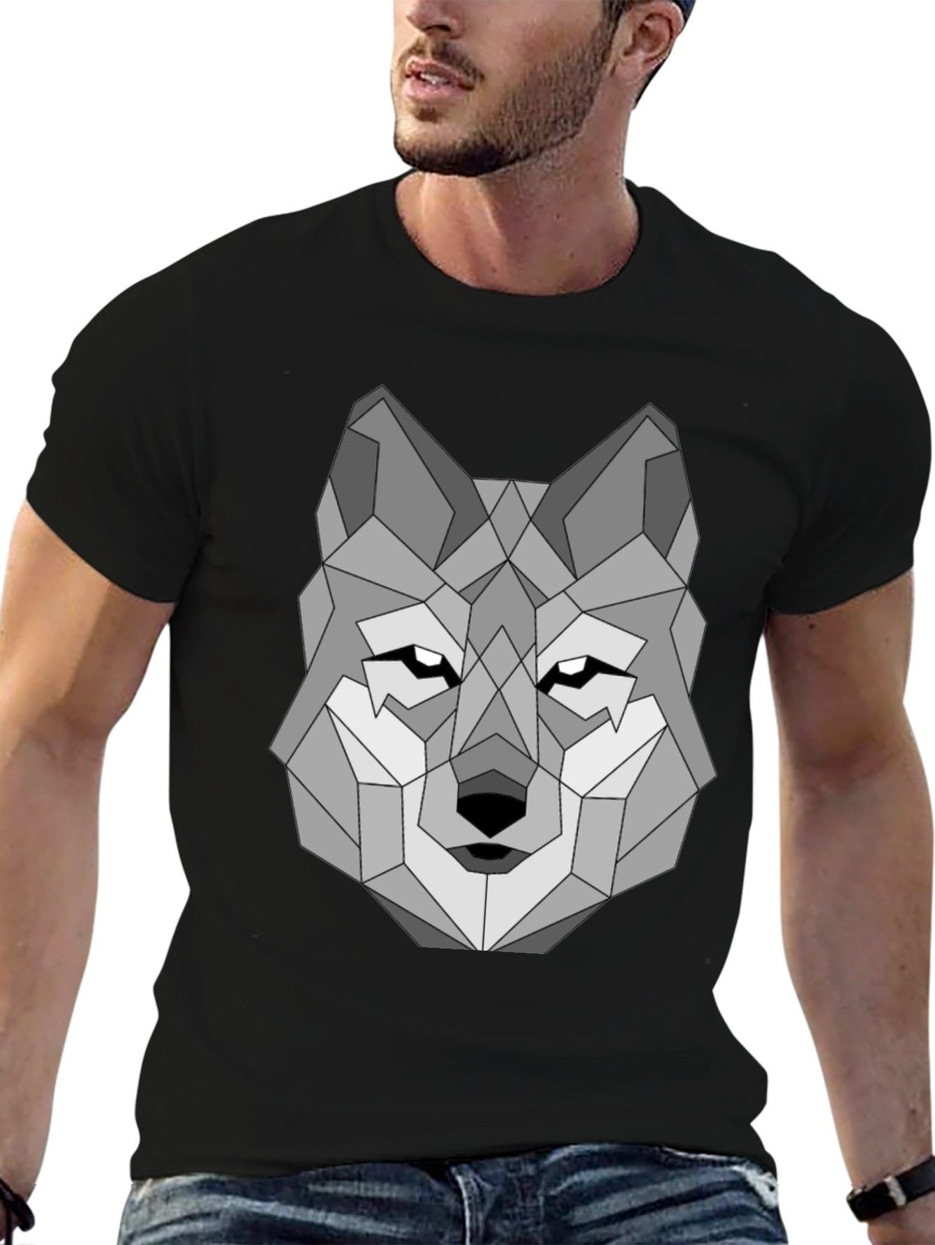 Geometric Wolf Graphic Tee - Black