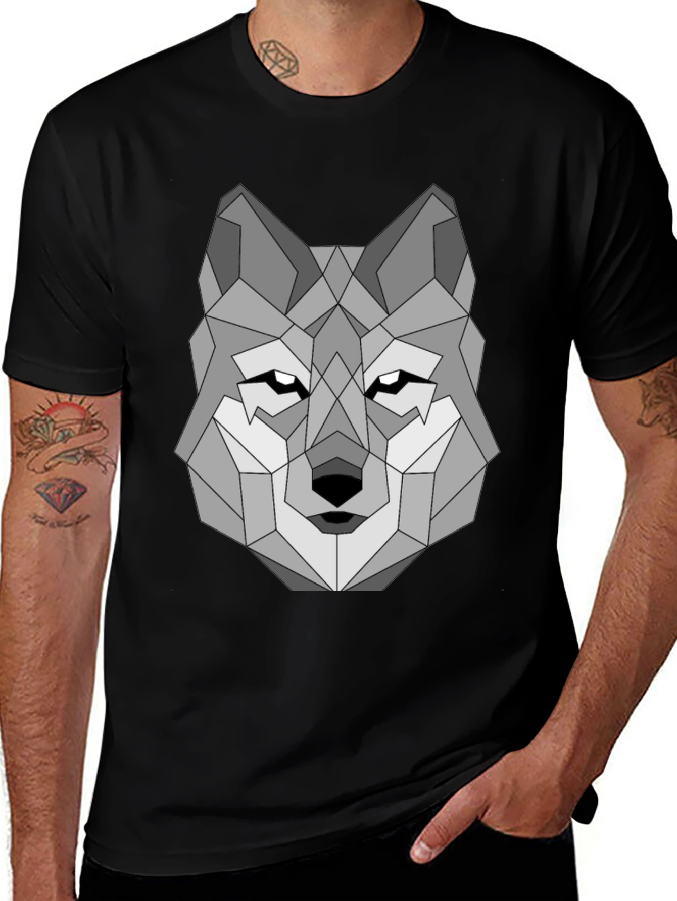 Geometric Wolf Graphic Tee - Black