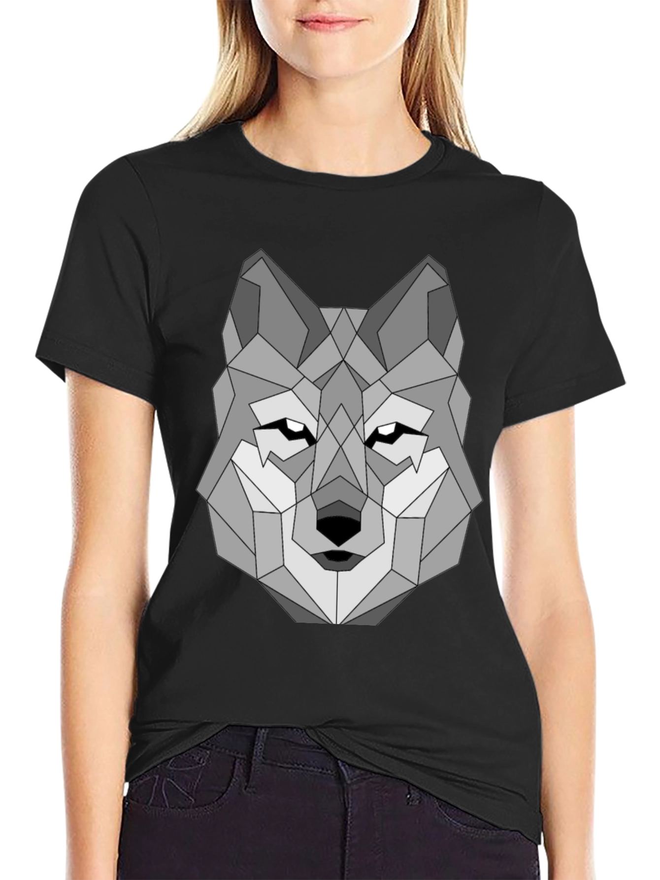 Geometric Wolf Graphic Tee - Black