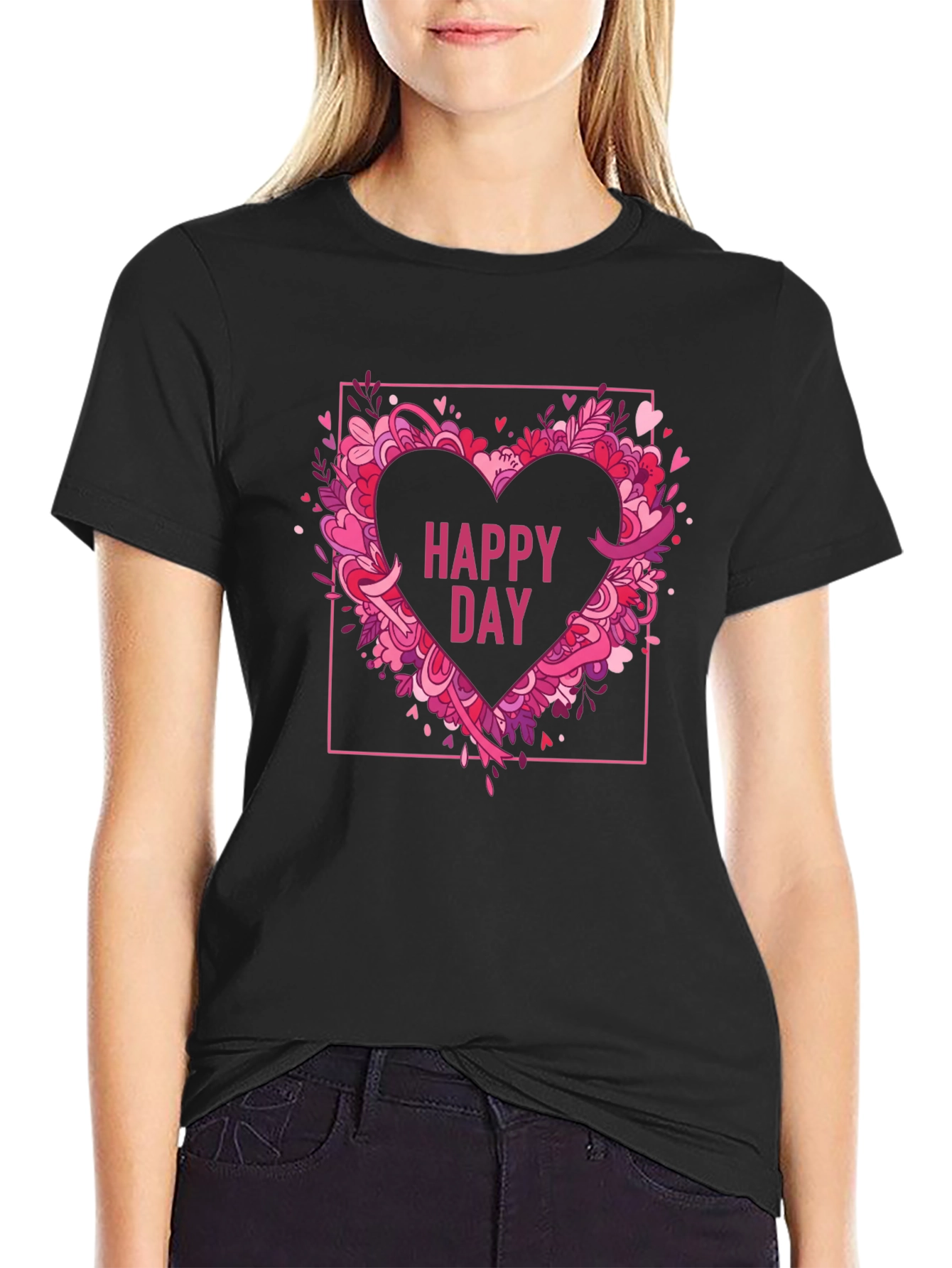 Happy Day Heart Graphic Black T-Shirt