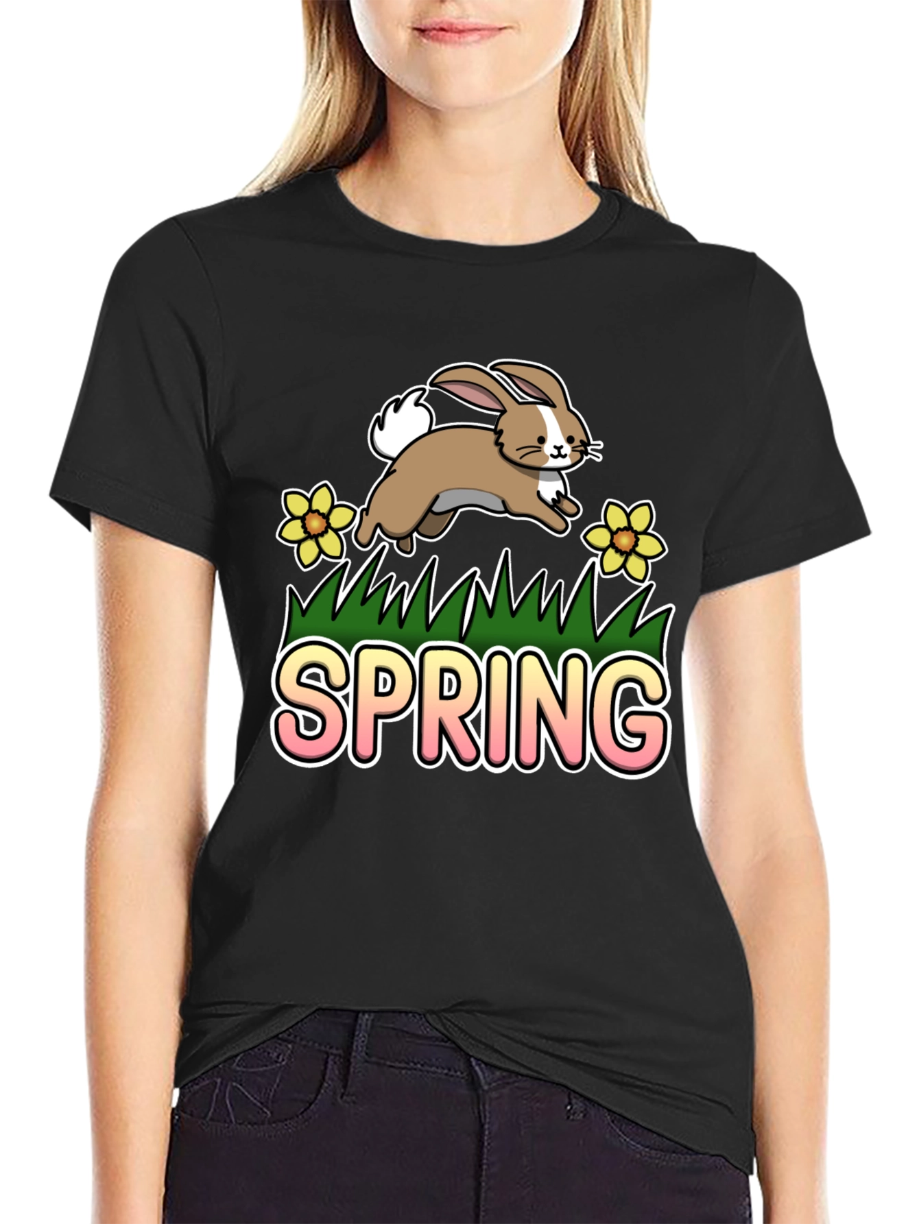 Spring Bunny Graphic Tee - Black Cotton Blend