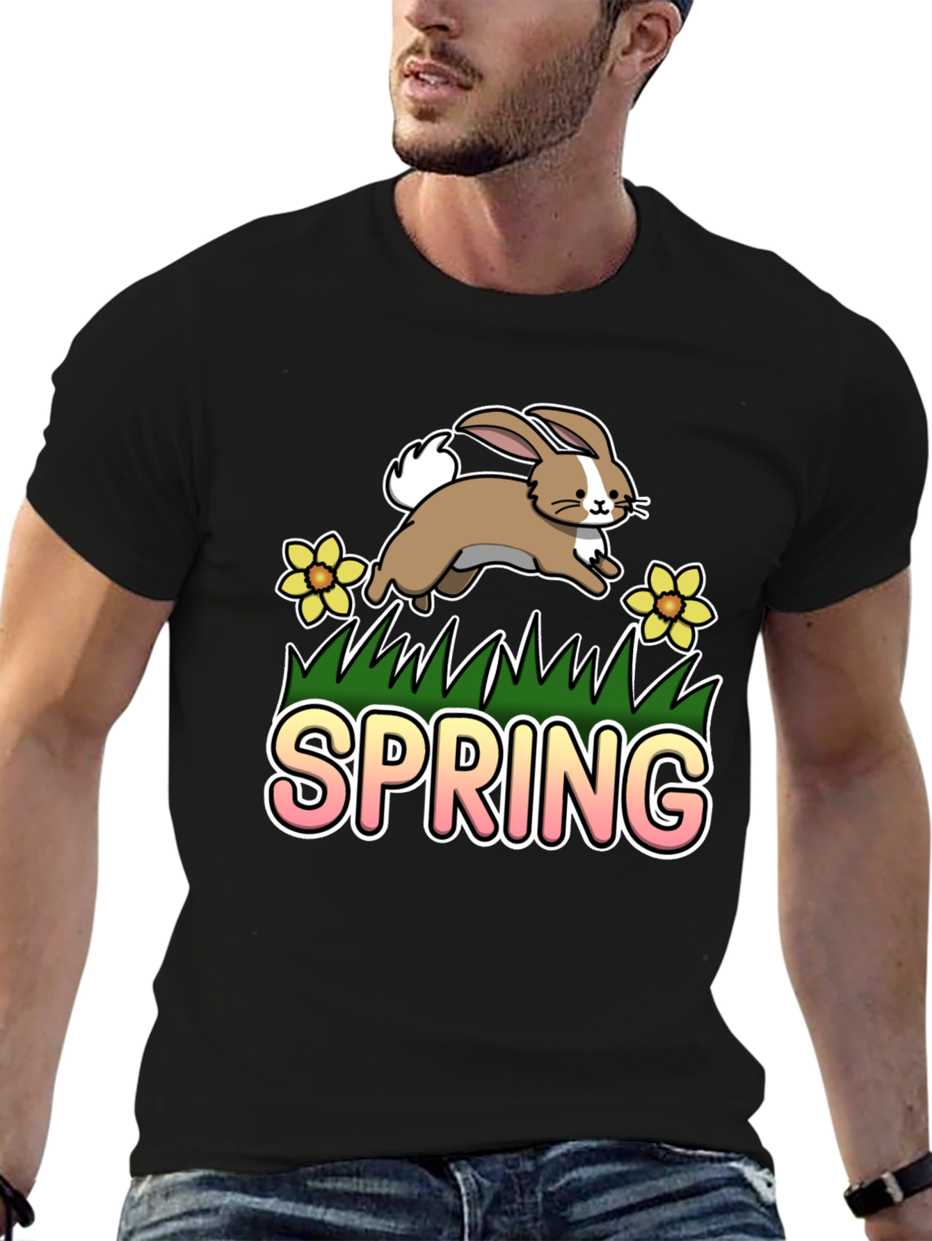 Spring Bunny Graphic Tee - Black Cotton Blend