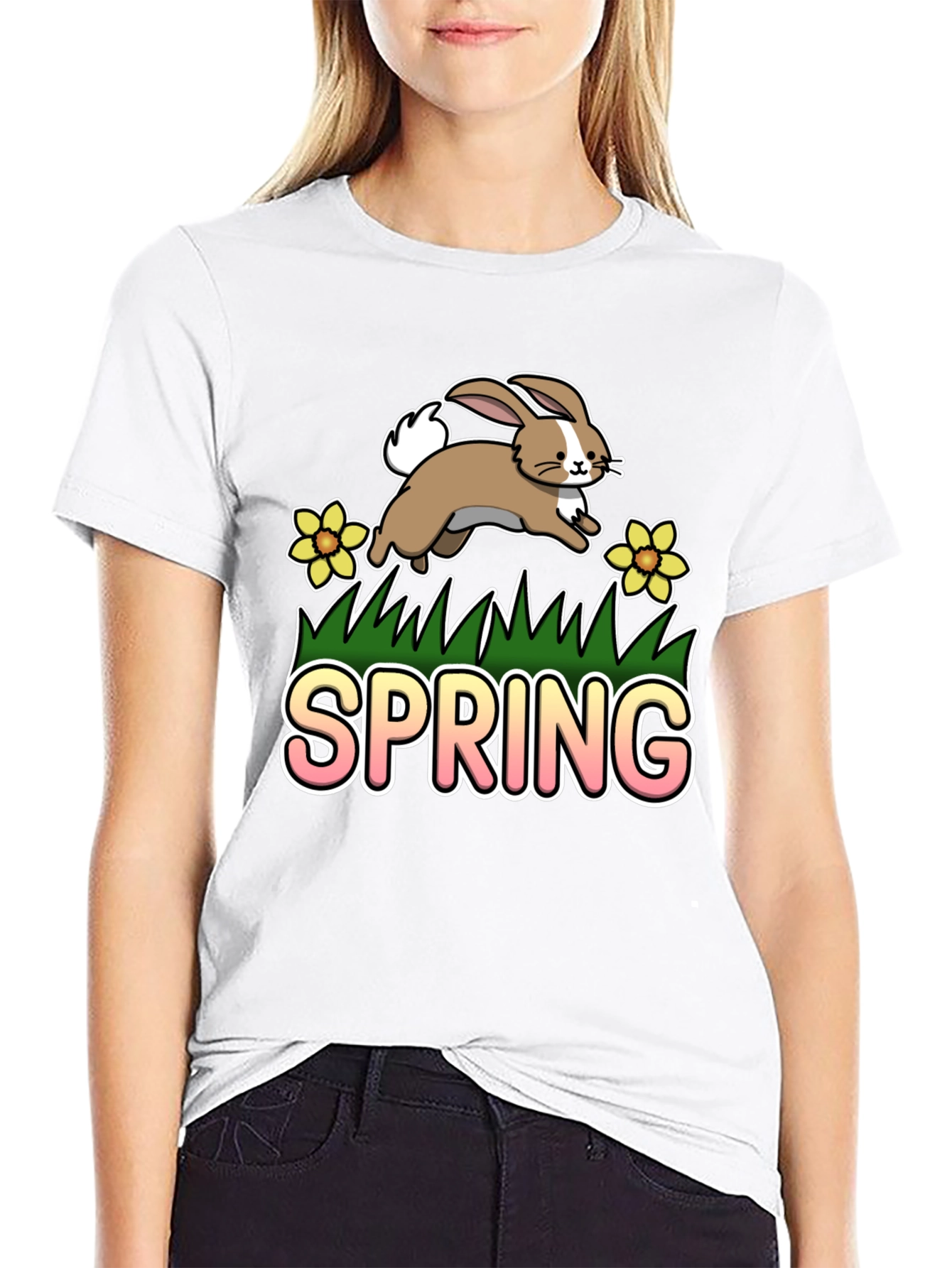 Spring Bunny Graphic Tee - Black Cotton Blend
