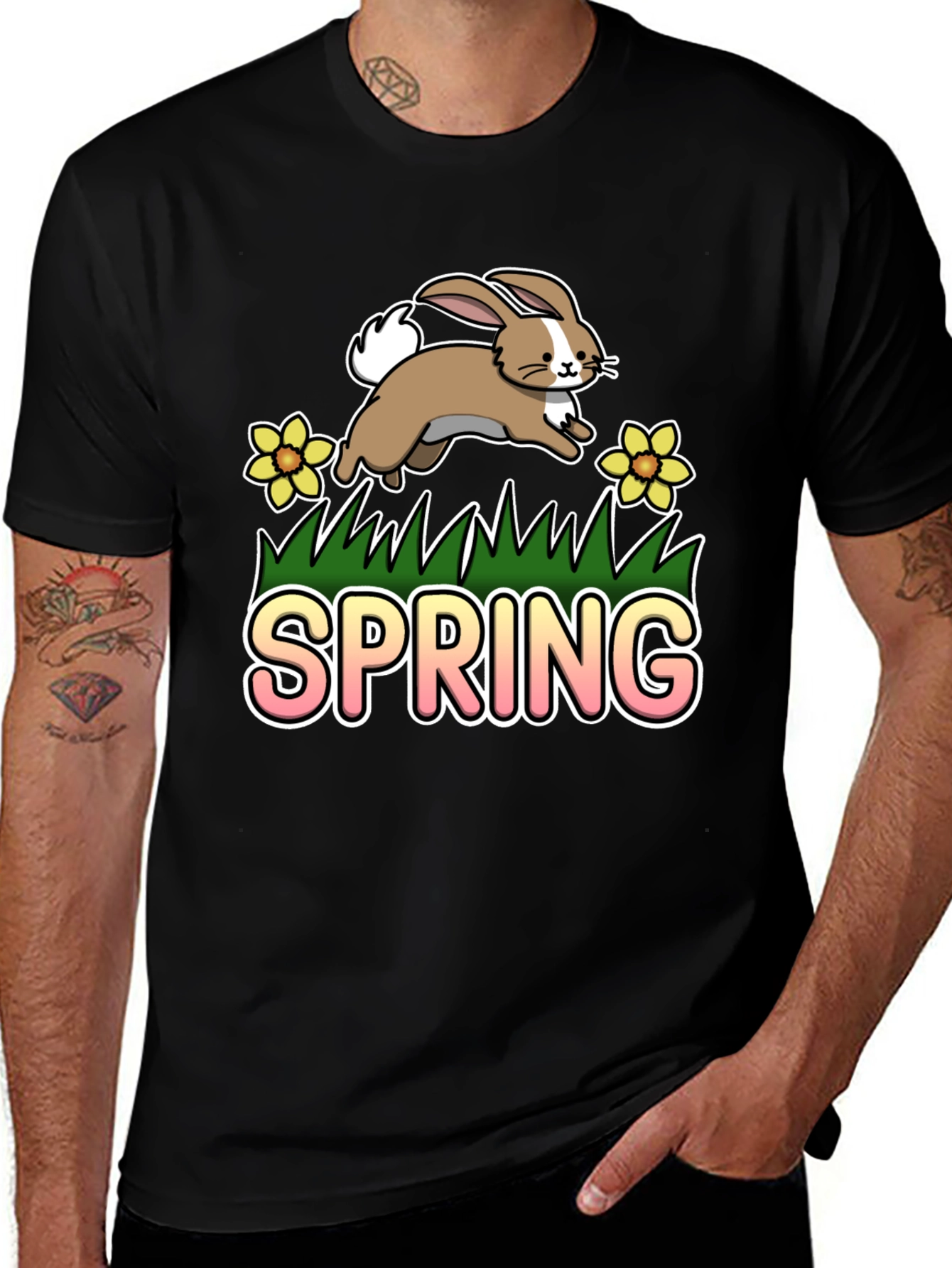 Spring Bunny Graphic Tee - Black Cotton Blend