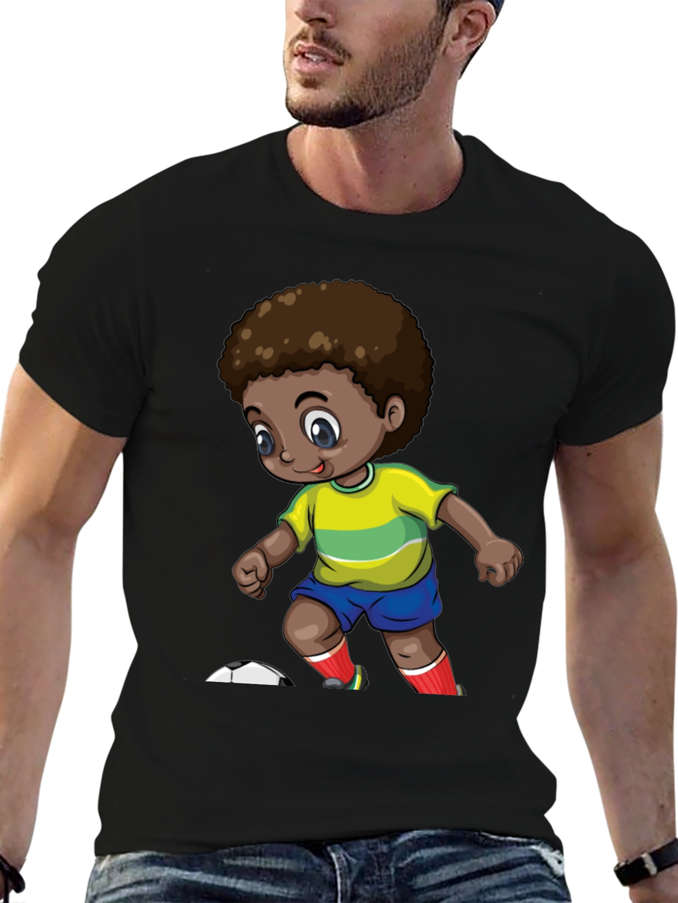 Cartoon Soccer Kid Black T-Shirt