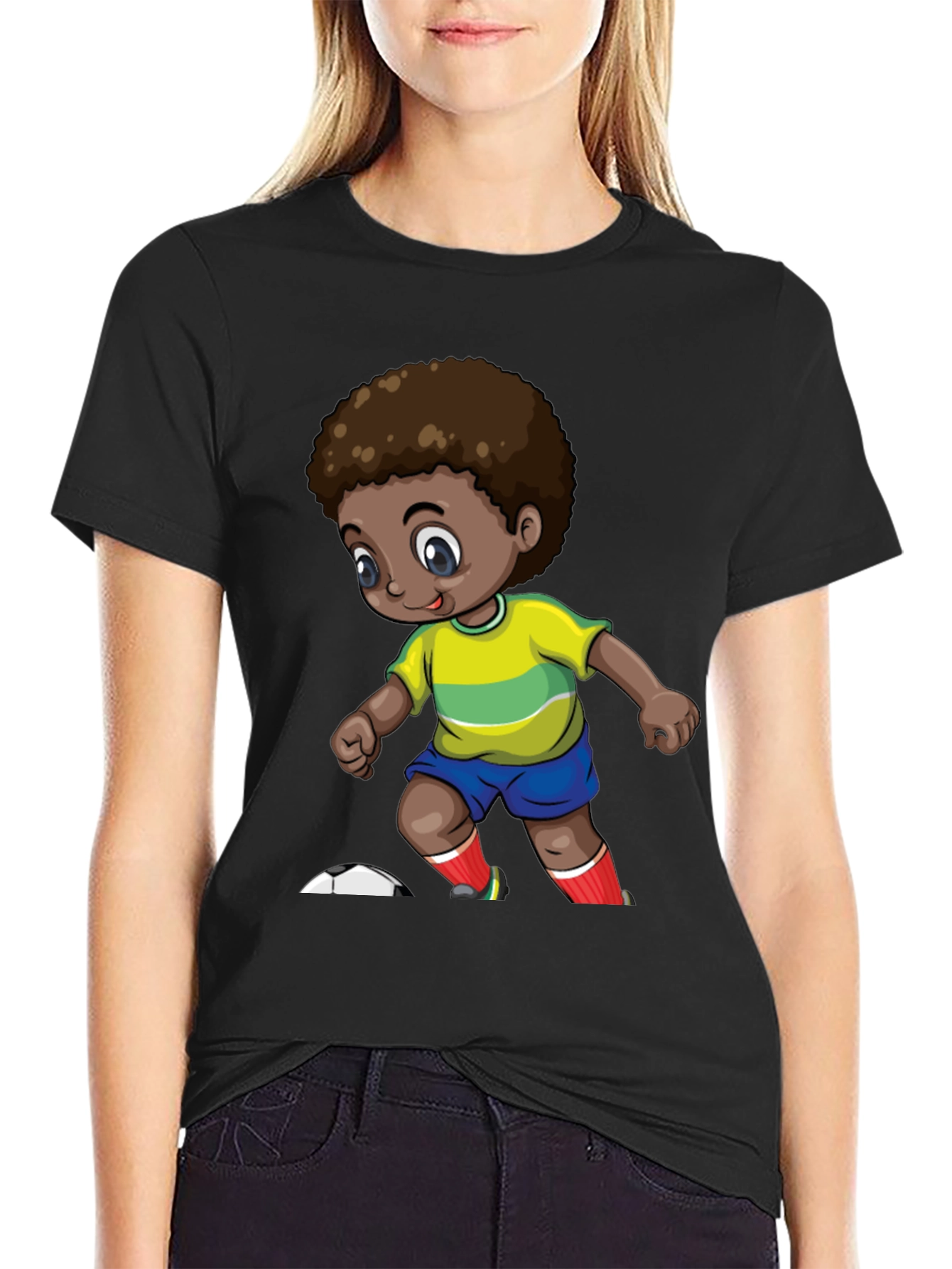 Cartoon Soccer Kid Black T-Shirt