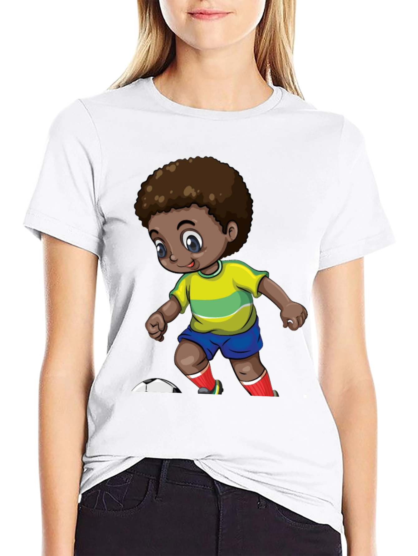 Cartoon Soccer Kid Black T-Shirt