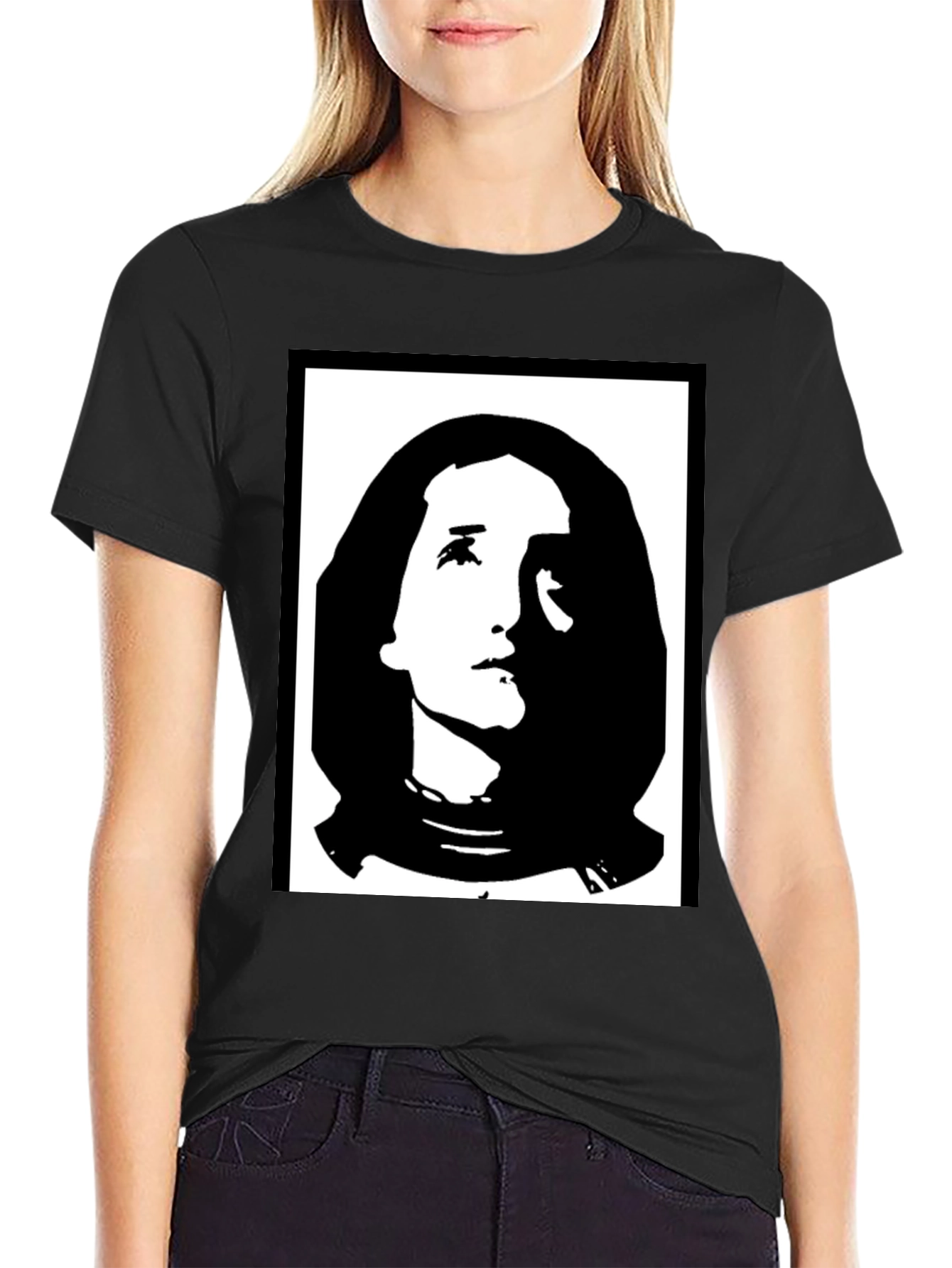 Black Graphic T-Shirt with Portrait Print