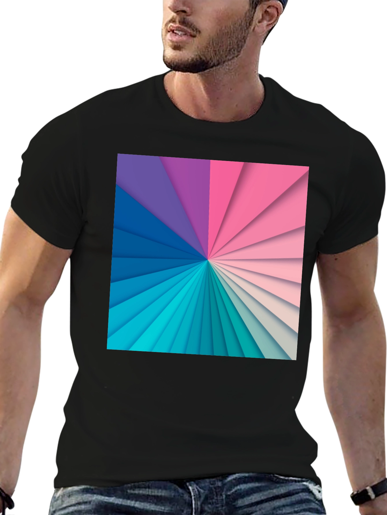 Geometric Rainbow Graphic Print Black T-Shirt