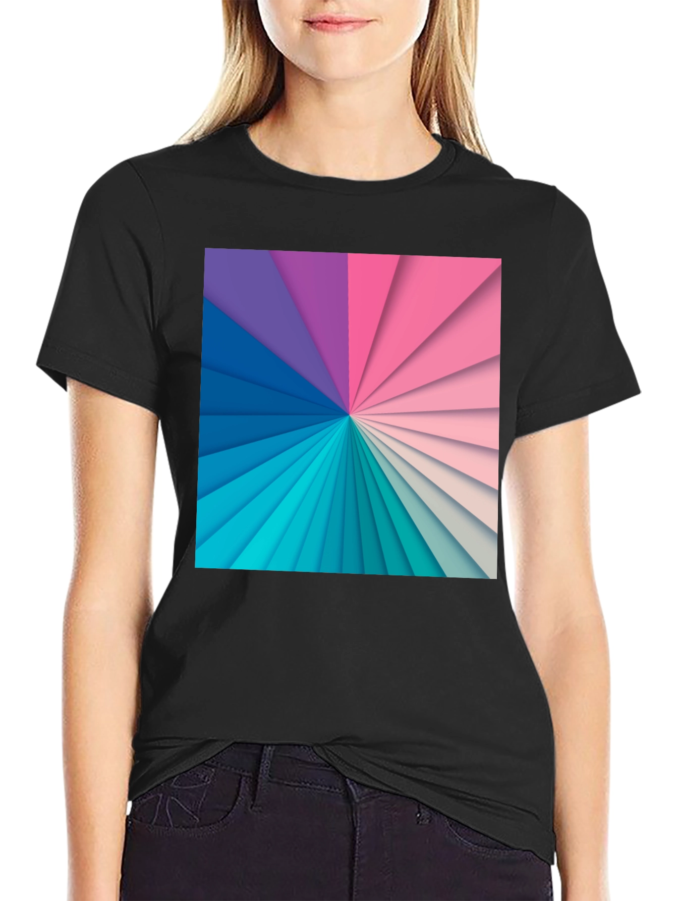 Geometric Rainbow Graphic Print Black T-Shirt