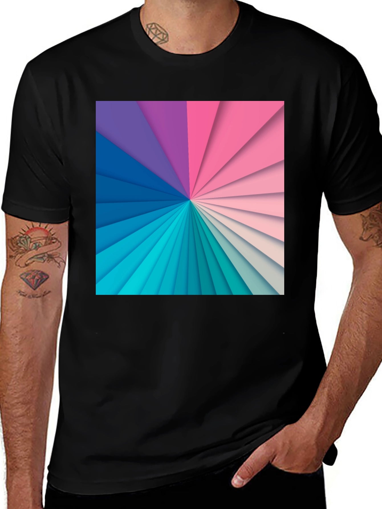 Geometric Rainbow Graphic Print Black T-Shirt